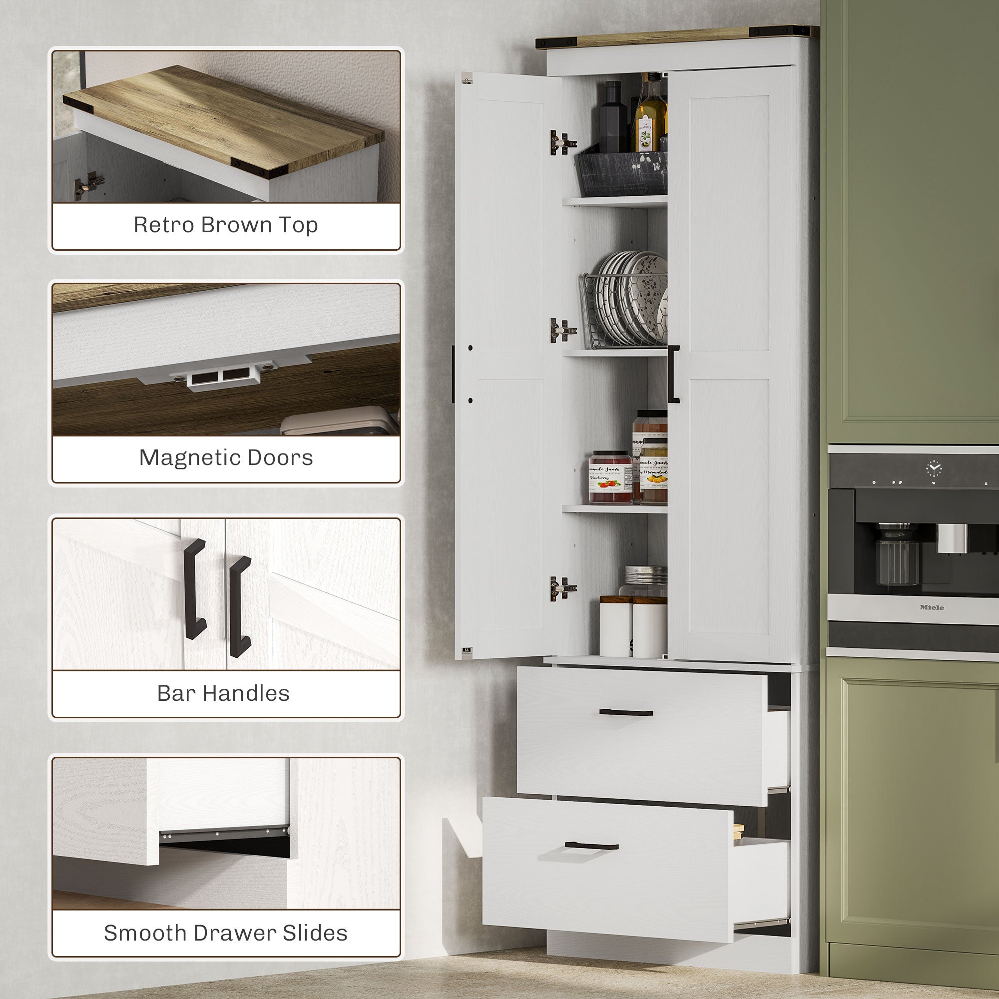 67" Tall Kitchen Pantry Storage Cabinet, Kitchen Pantry Cabinet with Doors, Drawers and Adjustable Shelves, Cream White