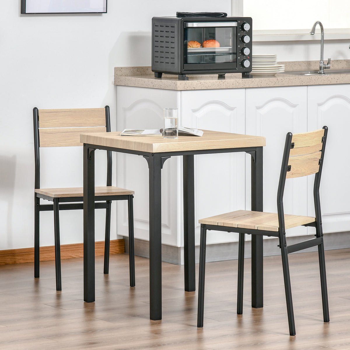 Dining Table Set for 2, 3 Piece Kitchen Table and Chairs with Metal Legs for Small Spaces, Natural Wood