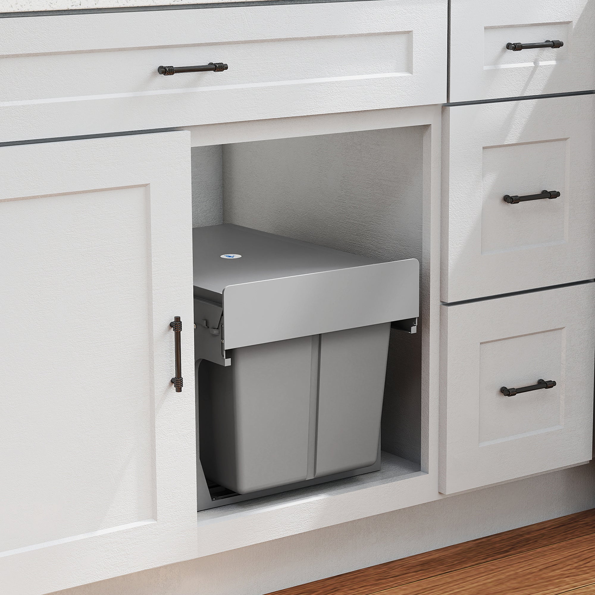 Pull Out Bin, Under Sink Garbage Can with 2 Removable Compartments (4 gallon Each) for Kitchen Waste, Light Grey