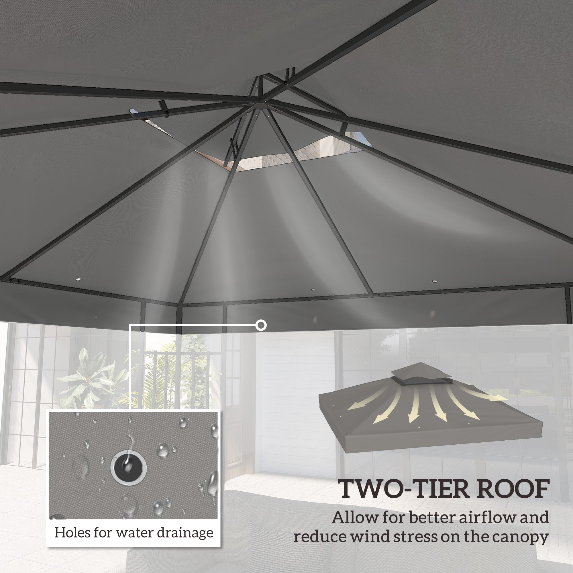 10' x 10' Gazebo Canopy Replacement Cover, 2-Tier Garden Gazebo Roof Replacement, UPF30+, TOP COVER ONLY, Grey