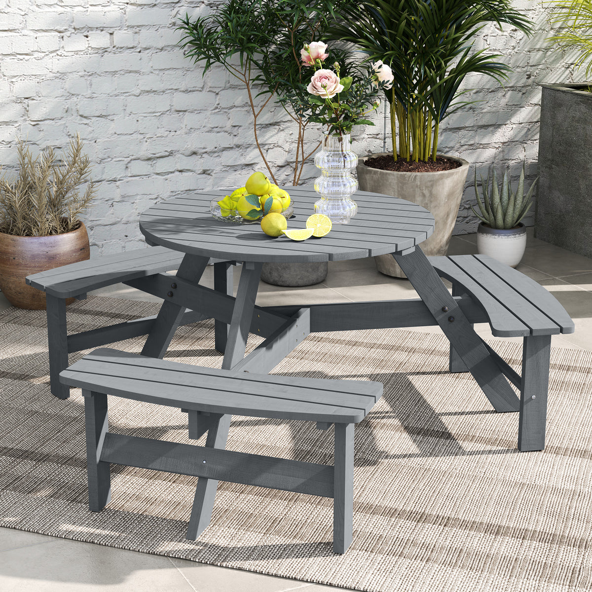 6 Person Round Picnic Table Bench Set with Umbrella Hole, Wood Patio Table with 3 Built-in Benches for Garden, Deck, Backyard, Brown