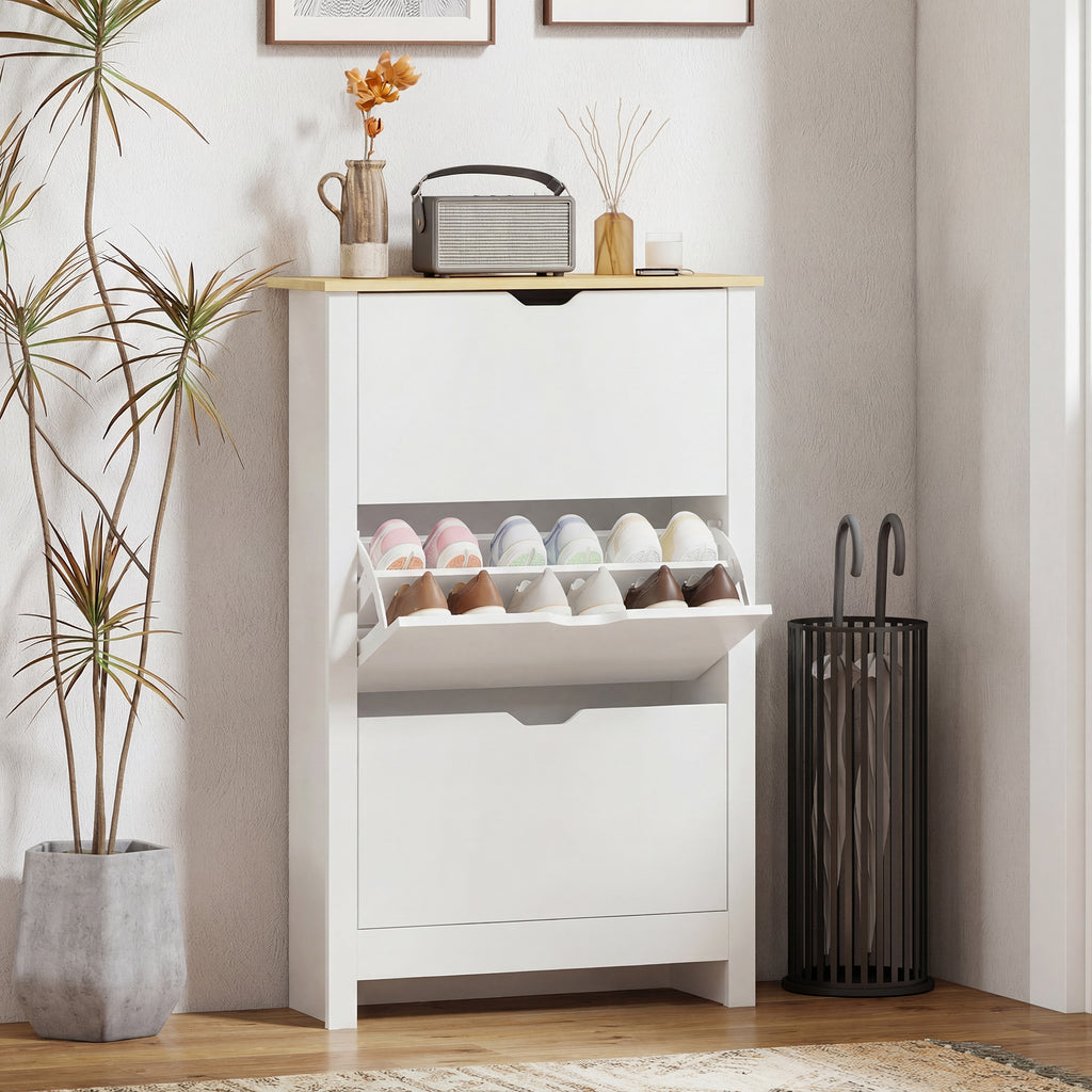 Shoe Storage Cabinet with 2 Flip Drawers and Adjustable Shelves for 6-12 Pairs of Shoes, White