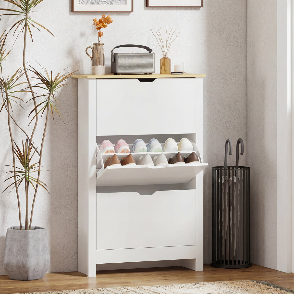 Shoe Storage Cabinet with 2 Flip Drawers and Adjustable Shelves for 6-12 Pairs of Shoes, White