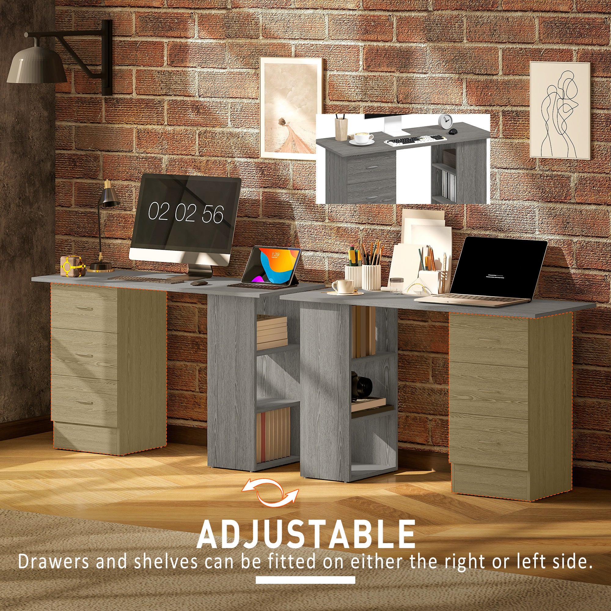 Computer Desk, 47" Writing Table with 3-Tier Shelves and 3 Reversible Drawers for Home Office, Bedroom, White