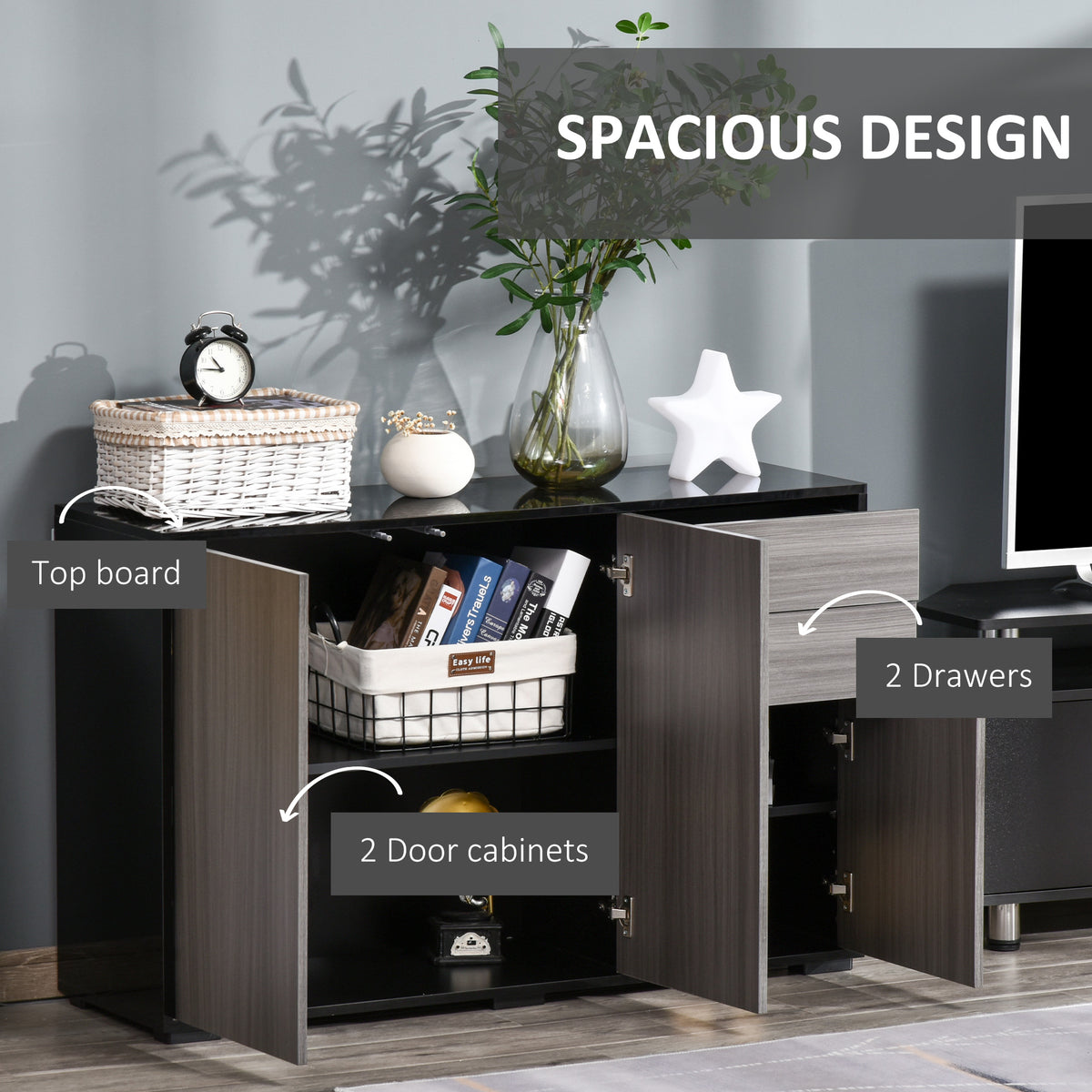Kitchen Sideboard Storage Cabinet, Modern Coffee Bar with Push-Open Design and 2 Drawers for Living Room, Black
