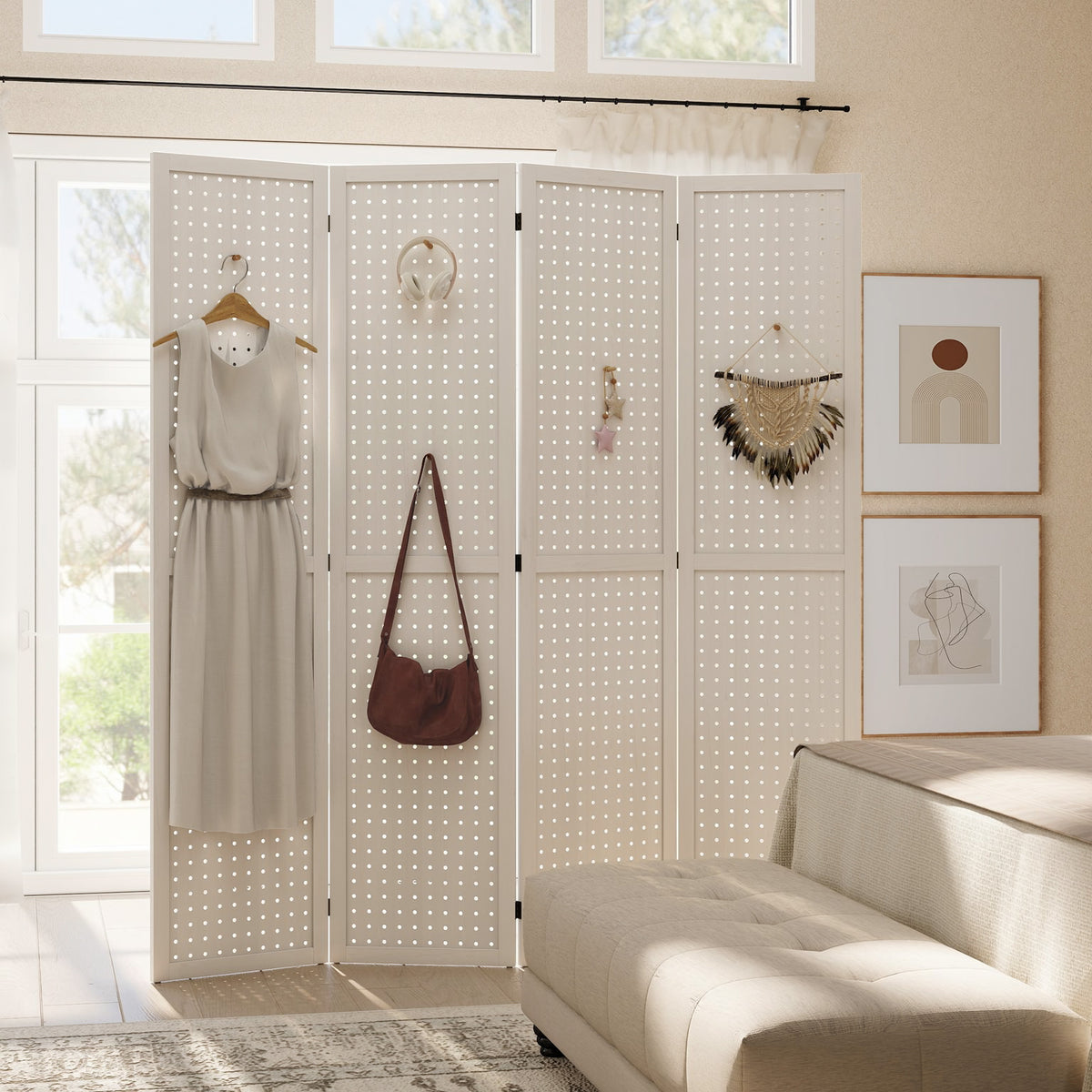 5.6 Ft. Tall 4-Panel Room Divider, Pegboard Panel Folding Privacy Screen, Partition Wall Divider for Bedroom, White