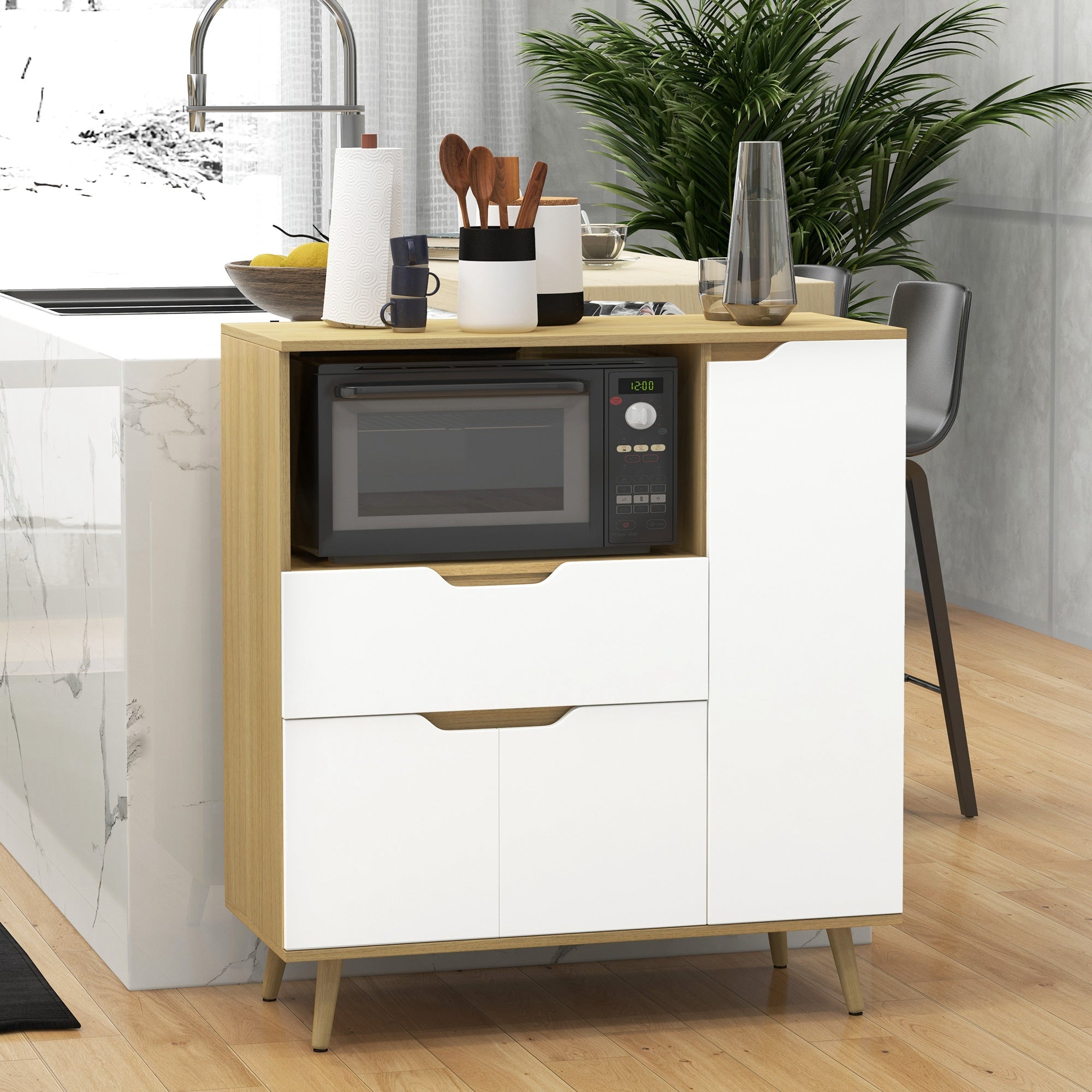 Modern Microwave Stand, Microwave Cabinet with Drawer, Storage Cupboards and Cable Hole for Kitchen, Dining Room, White