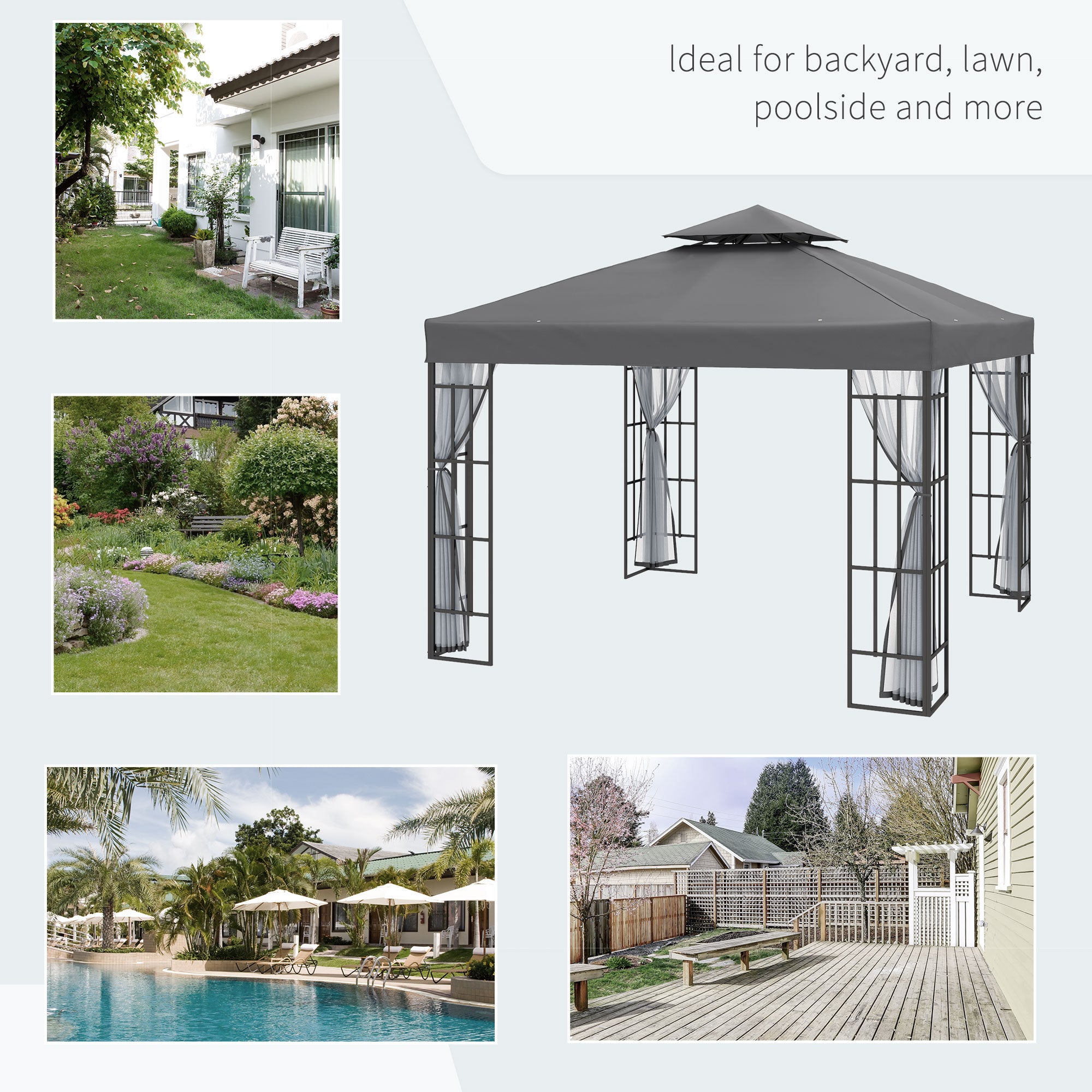 10'x10' ናይ ጀርደን ጋዜቦ ፓትዮ ካኖፒ ተንቀሳቓሲ ፓርቲ ክስተት ዳህላ ምስ ሞስኪቶ ኔቲንግ ግራጫ