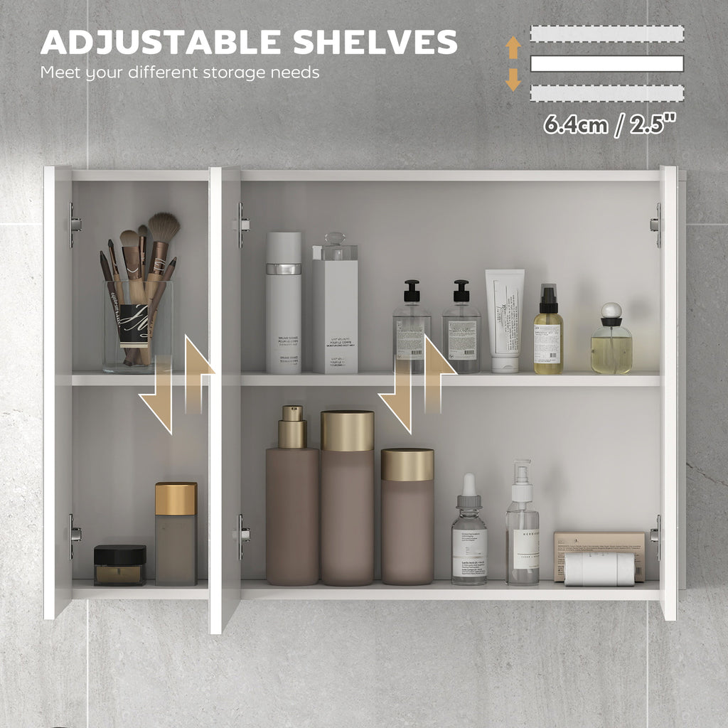 28" x 24" Wall Mounted Mirror Cabinet, Bathroom Medicine Cabinet with Mirror, 3 Doors and Adjustable Shelves, White
