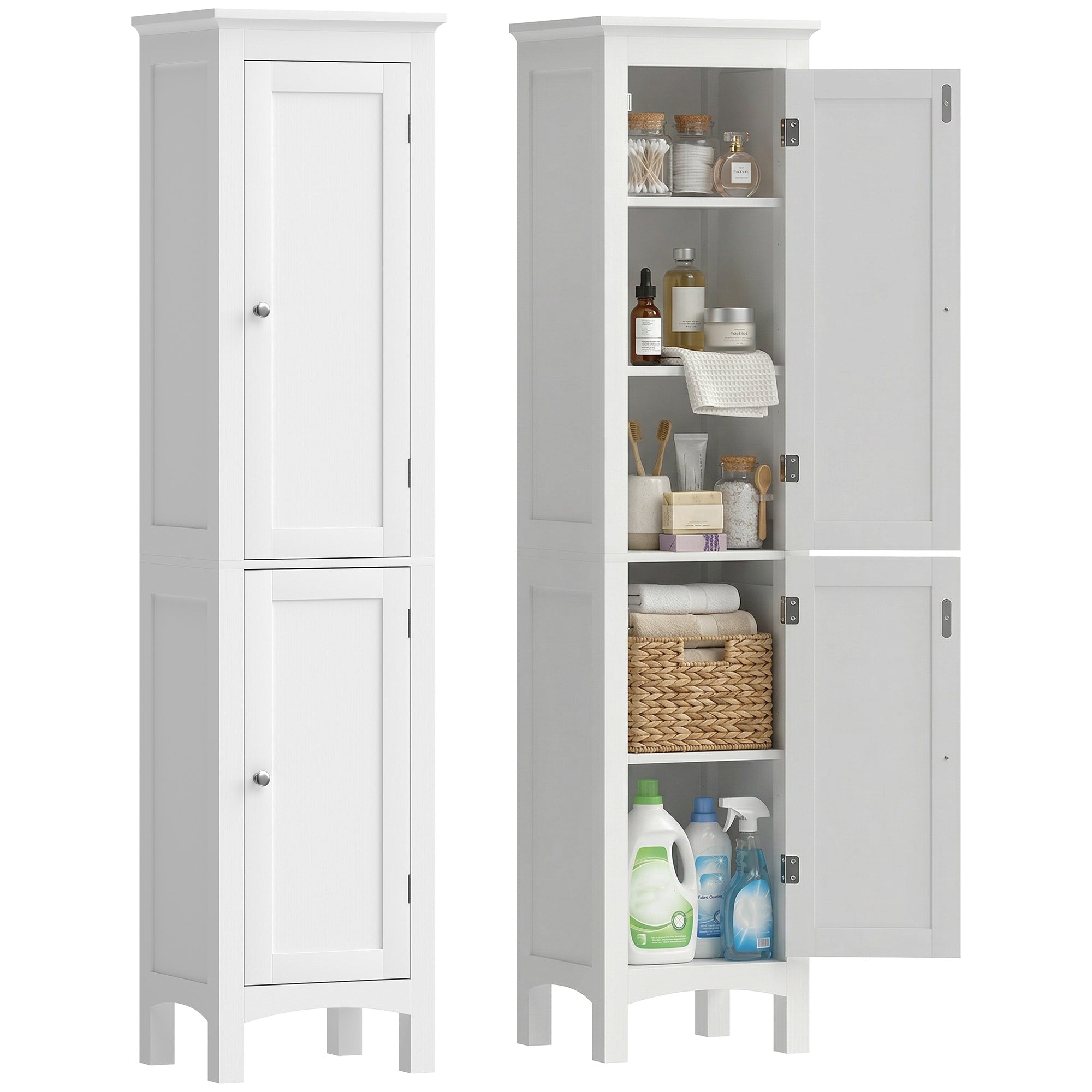 Tall Bathroom Cabinet, Freestanding Storage Organizer with Adjustable Shelves and Cupboards, 15" x 13" x 63", White