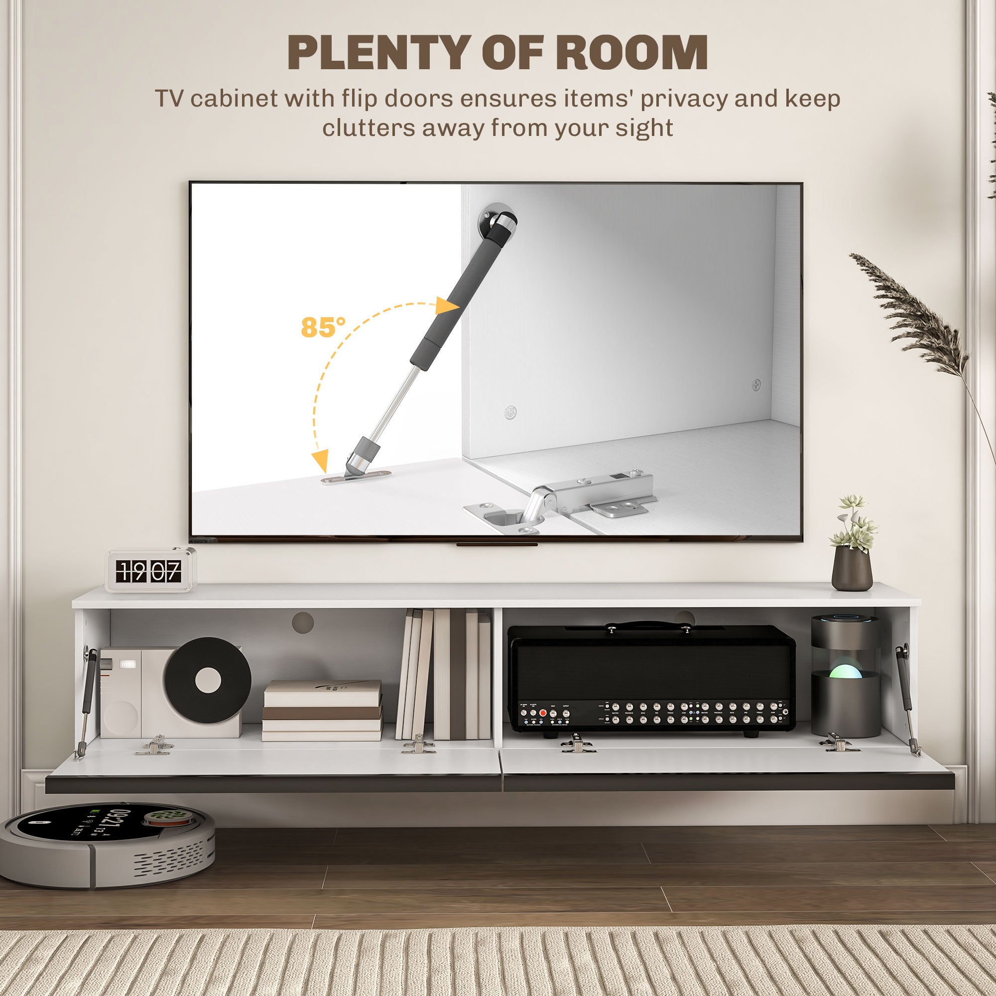 Wall Mounted TV Stand, Floating TV Cabinet for up to 70" TVs with Storage, High Gloss Effect, White
