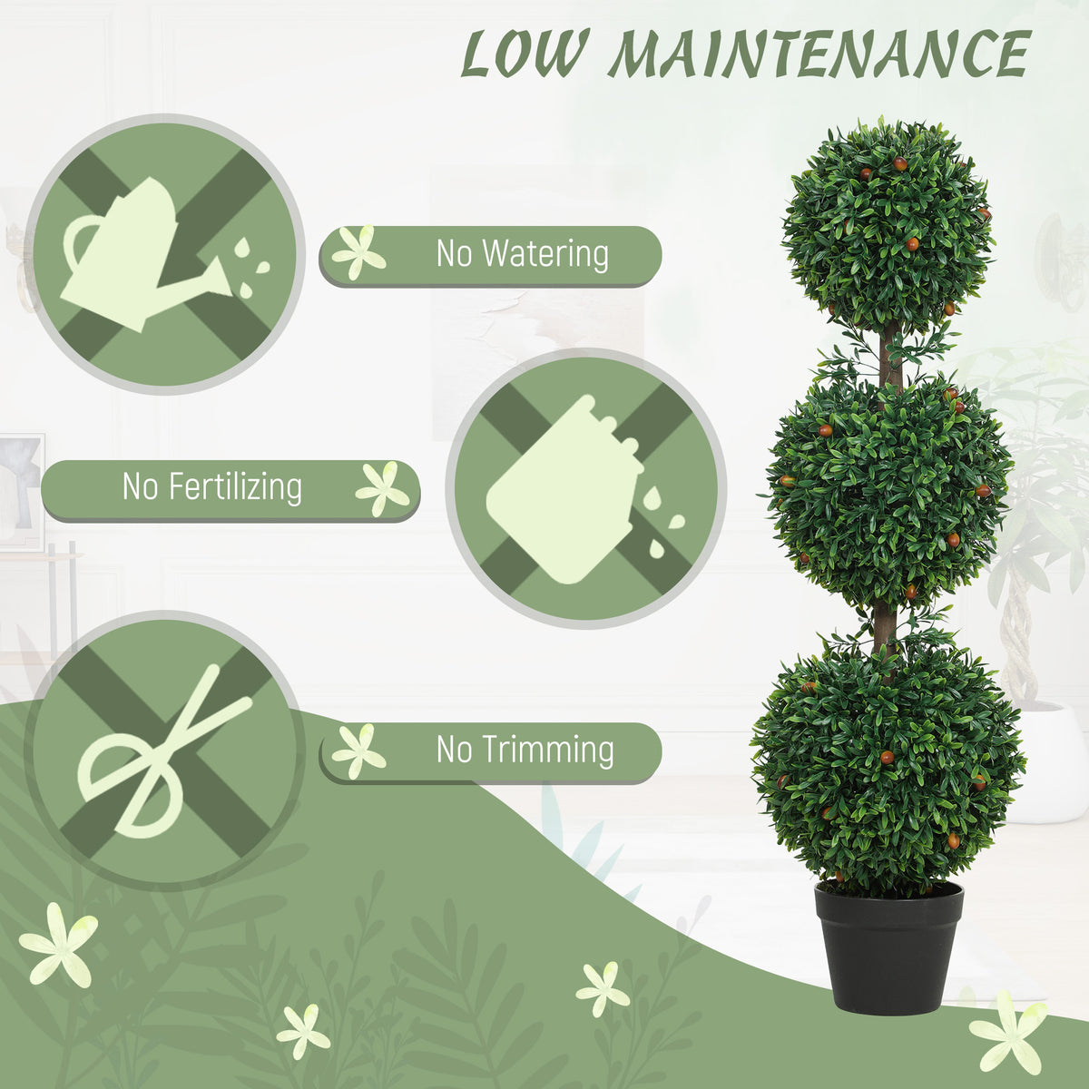 3.3FT Artificial Boxwood Topiary Tree Set of 2, Faux Three Ball Topiary Tree in Pot for Indoor Outdoor Decor, Green