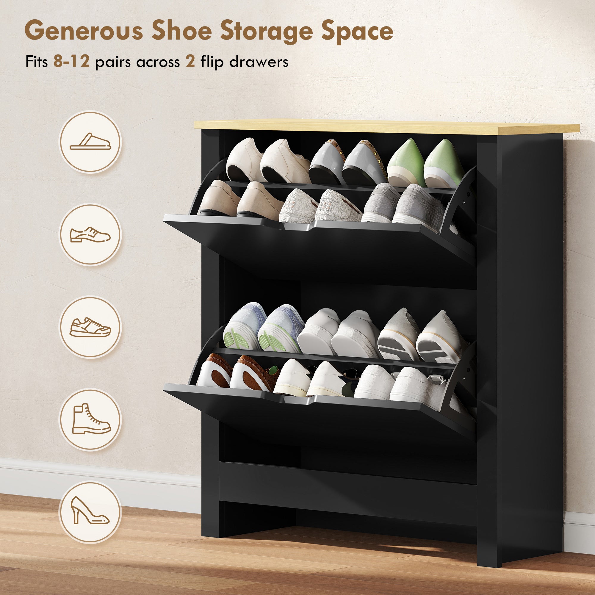 Shoe Storage Cabinet with 2 Flip Drawers and Adjustable Shelves for 6-12 Pairs of Shoes, White
