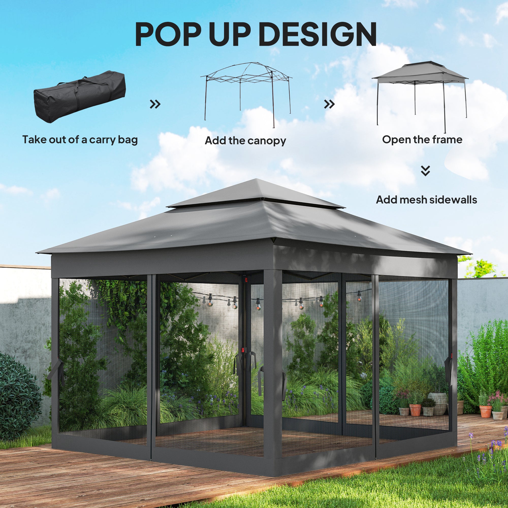 11' x 11' Pop Up Canopy 2-Tier Soft Top Shelter Event Tent w/ Netting Carry Bag for Patio Backyard Garden, Dark Grey