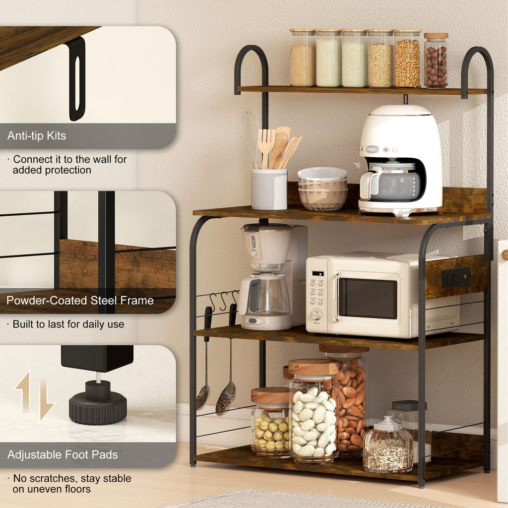 Baker's Rack with Charing Station, Microwave Shelf with Power Outlet, USB Charger and 5 Hooks, Rustic Brown