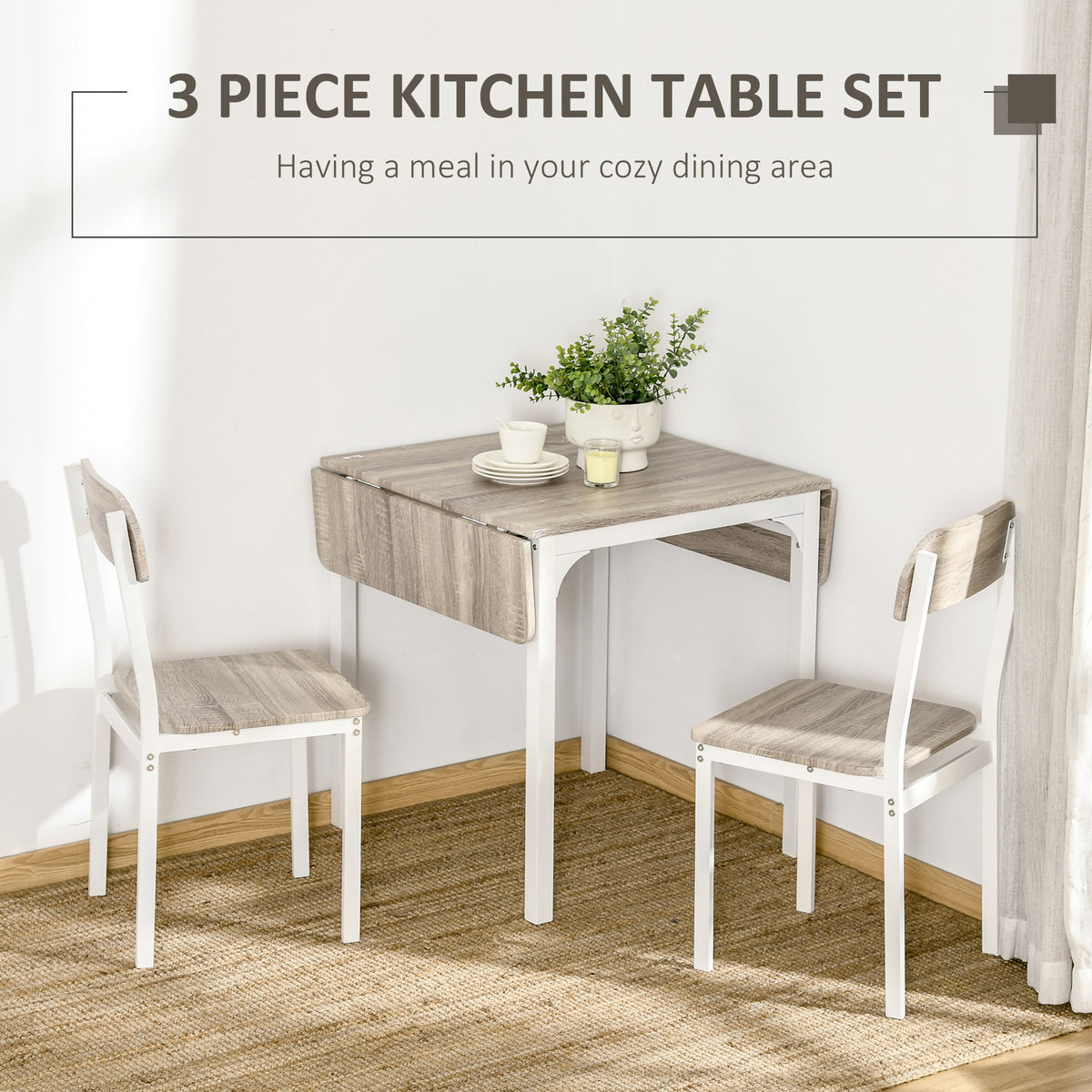 Foldable Dining Table Set for 2, Drop-Leaf Kitchen Table with 2 Chairs for Apartments, Studios, Natural Drop-leaf Dining Table Set Includes 2 Chairs