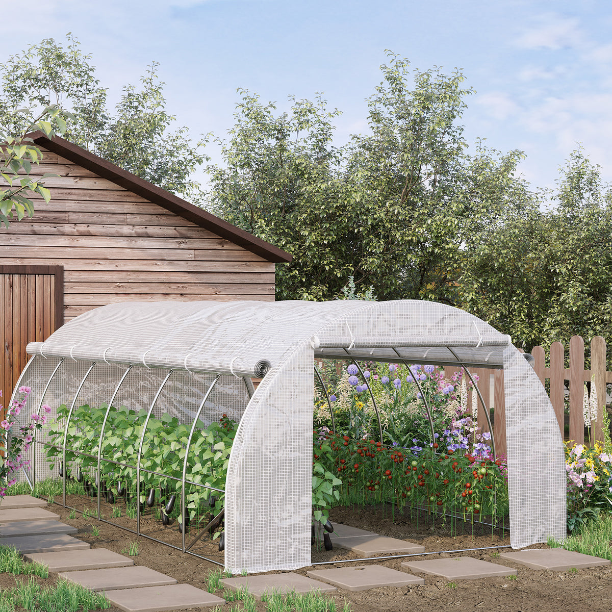 20'x10'x6.6' Tunnel Greenhouse with UV-Resistant Cover, Zippered Door and 12 Roll-up Windows, Outdoor Green House for Garden Plant, White
