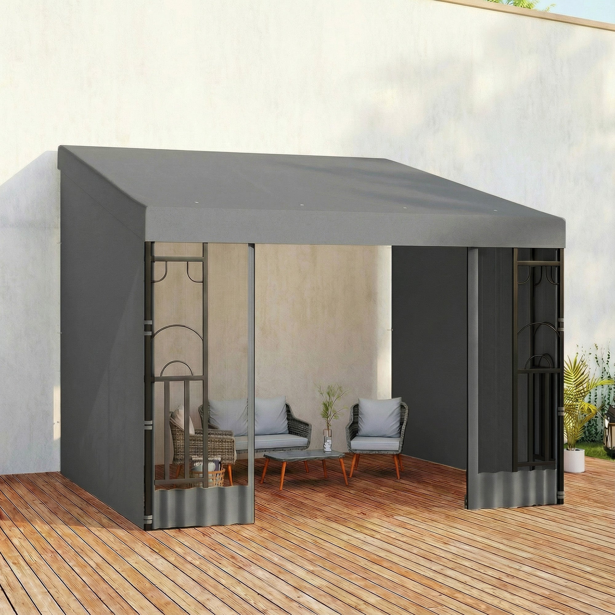 10' x 10' Wall Pergola, Outdoor Gazebo with 2 Curtains and 2 Nettings, UV Resistant, for Patio, Deck, Dark Grey