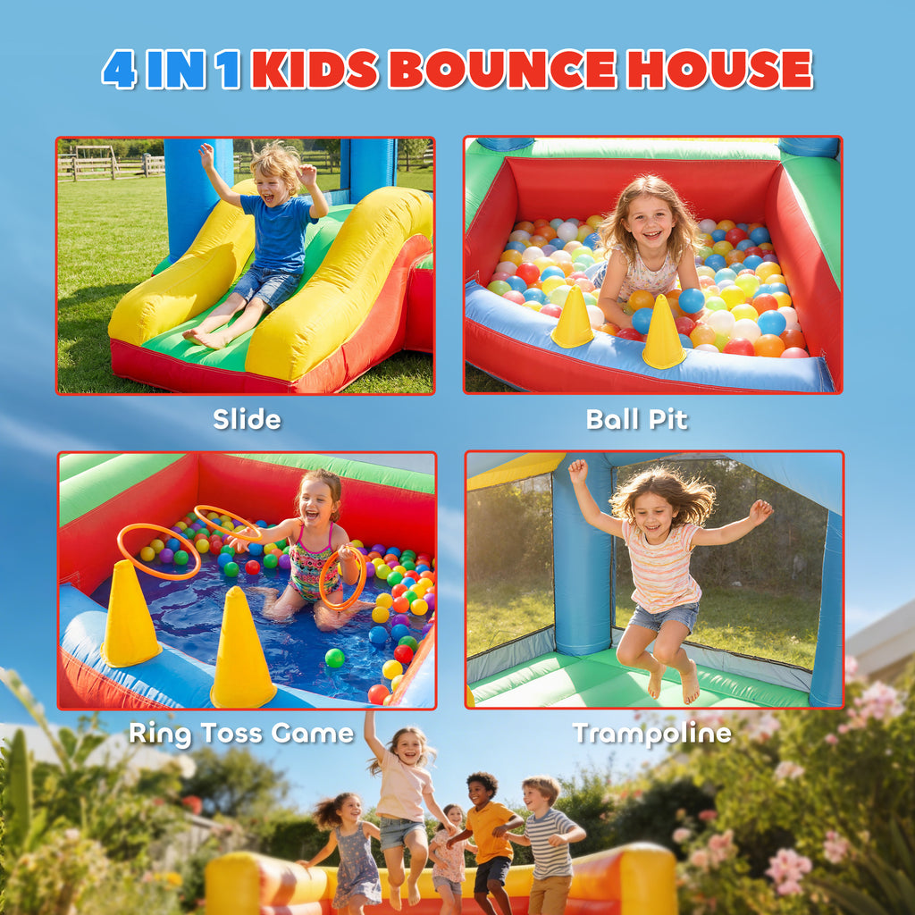 Qaba Bouncy Castle for Kids, Inflatable Bounce House with Slide, Ball Pit, Ring Toss Game, Sunshade and Blower