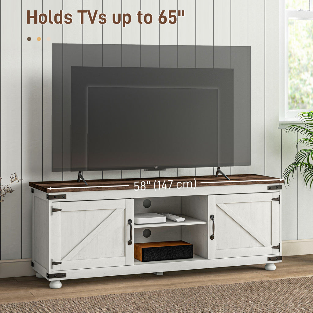 Farmhouse TV Stand Small Minimalist Barn Doors Cable Management for 65" TV Small Space Apartment Distressed White