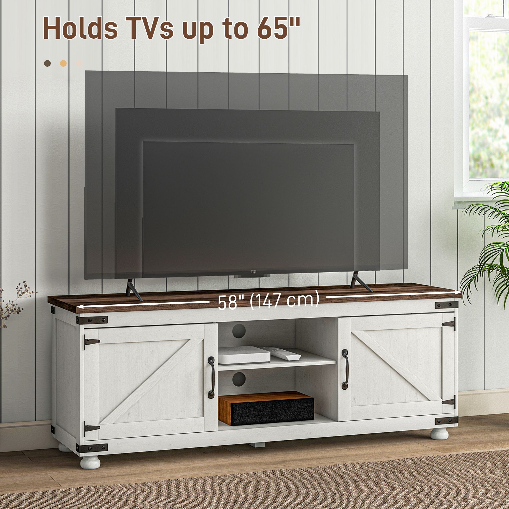 Farmhouse TV Stand Small Minimalist Barn Doors Cable Management for 65" TV Small Space Apartment Distressed White