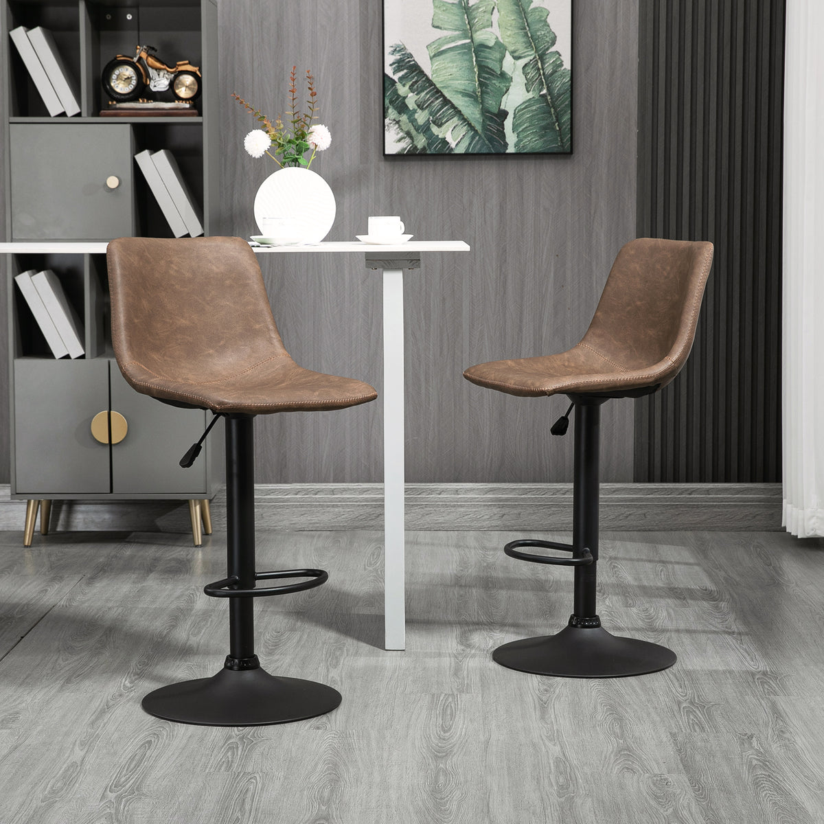 Adjustable Counter Height Bar Stools Set of 2, 360° Swivel Kitchen Counter Stools Dining Chairs with Backs, Vintage Leather, Brown