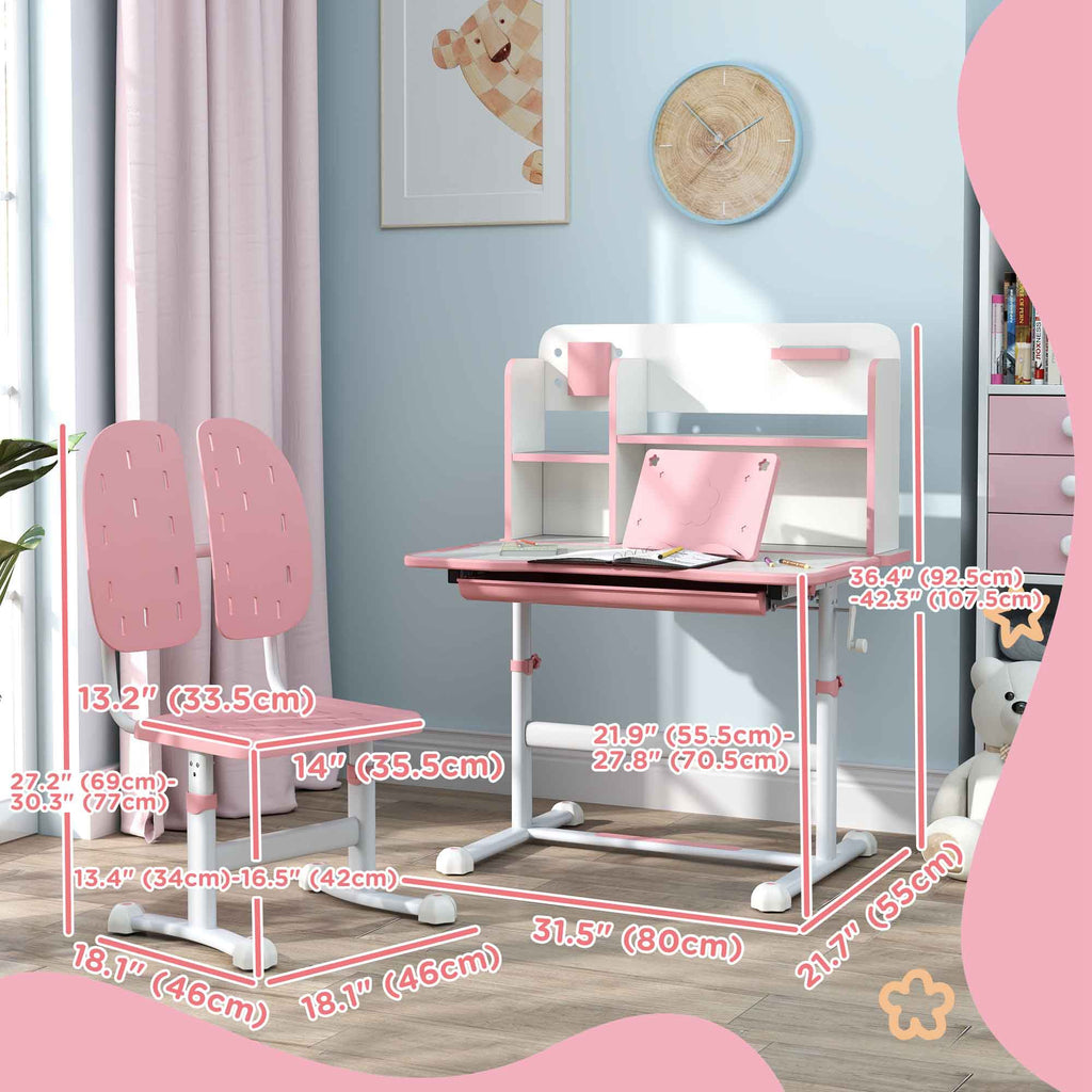 Qaba Adjustable Height Kids Desk and Chair Set, Kids Study Table and Chair with Tilt Desktop, Drawer, Reading Rack, Pink