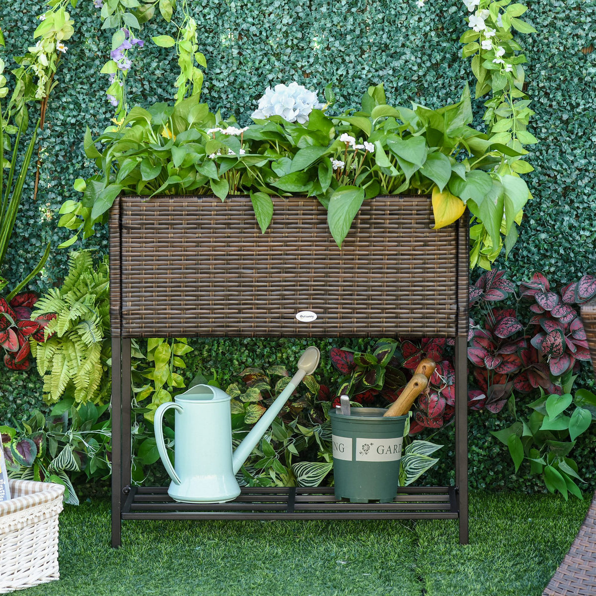 Rattan Raised Garden Boxes, Elevated Flower Beds with Storage Shelf for Herbs, Flowers, Vegetables, Brown