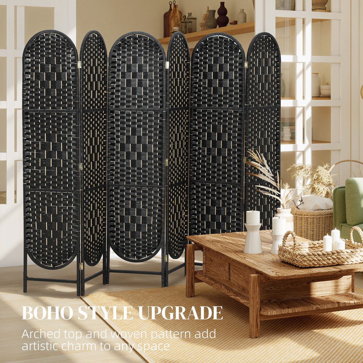 Bohemian Privacy Screen, Folding Room Divider with 4 Panels and Arched Top for Bedroom Living Room Office, Black