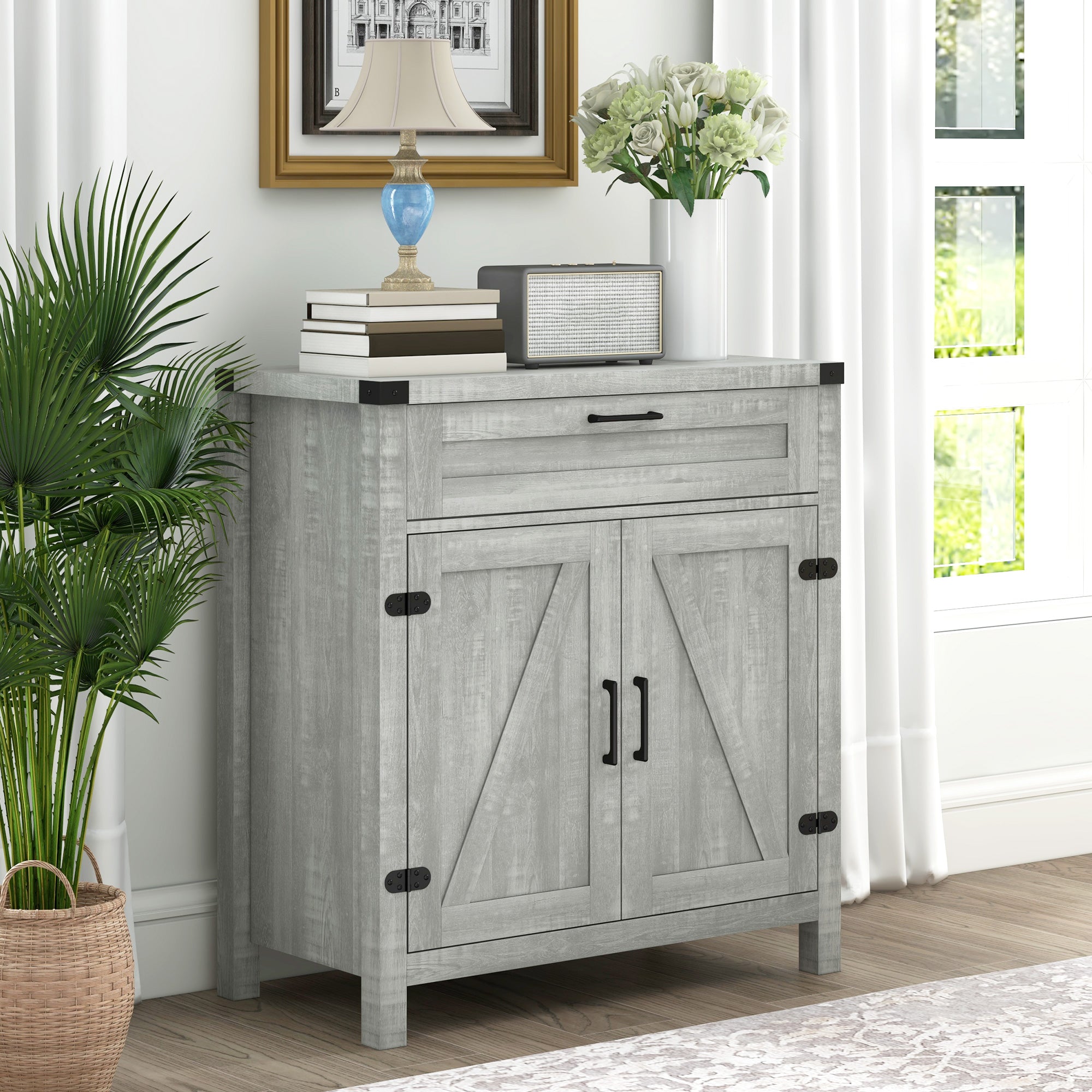 Farmhouse Kitchen Storage Cabinet, Sideboard Buffet Cabinet with 2 Rustic Barn Doors and Drawer, Oak