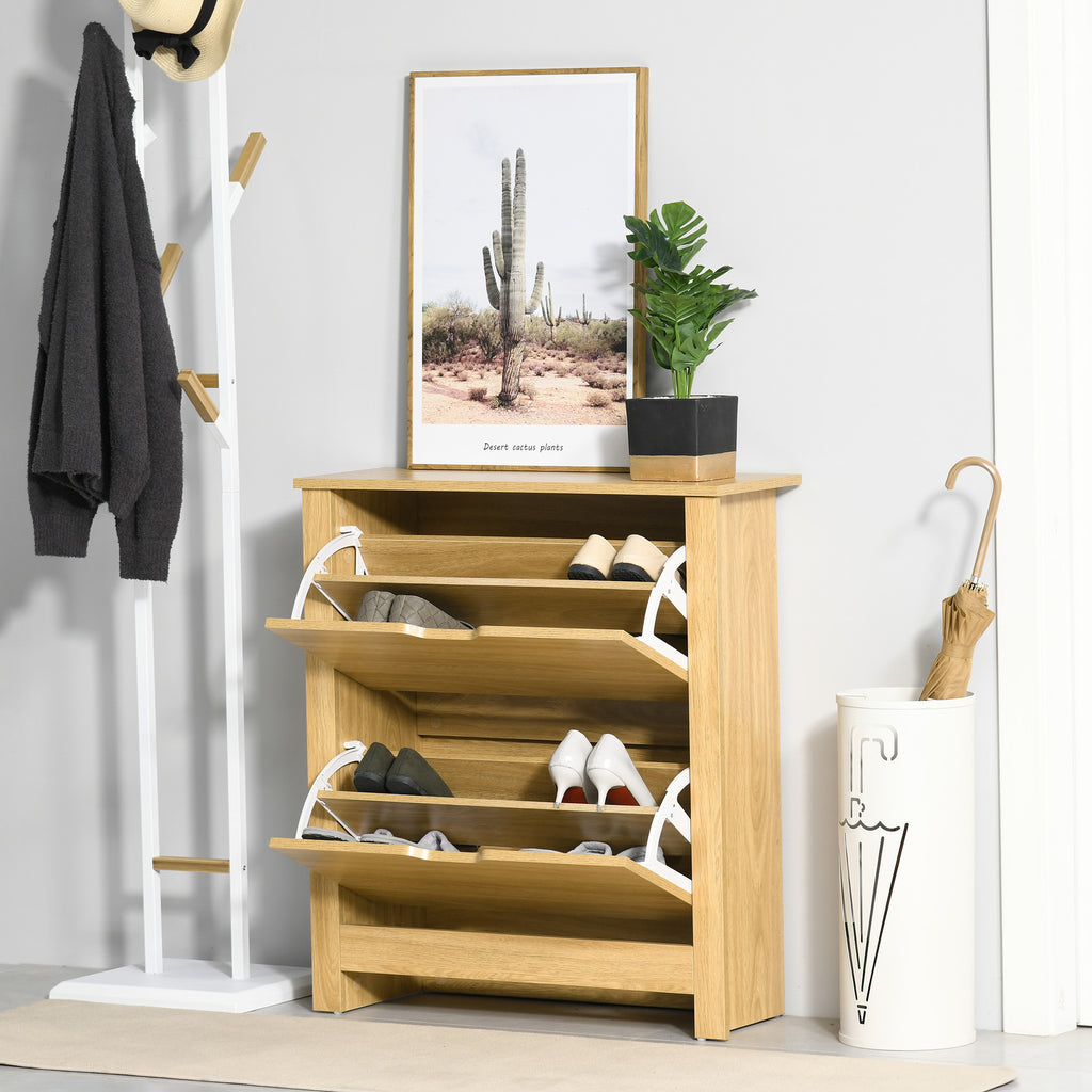 Shoe Storage Cabinet with 2 Flip Drawers and Adjustable Shelves for 8–12 Pairs of Shoes, Natural Wood