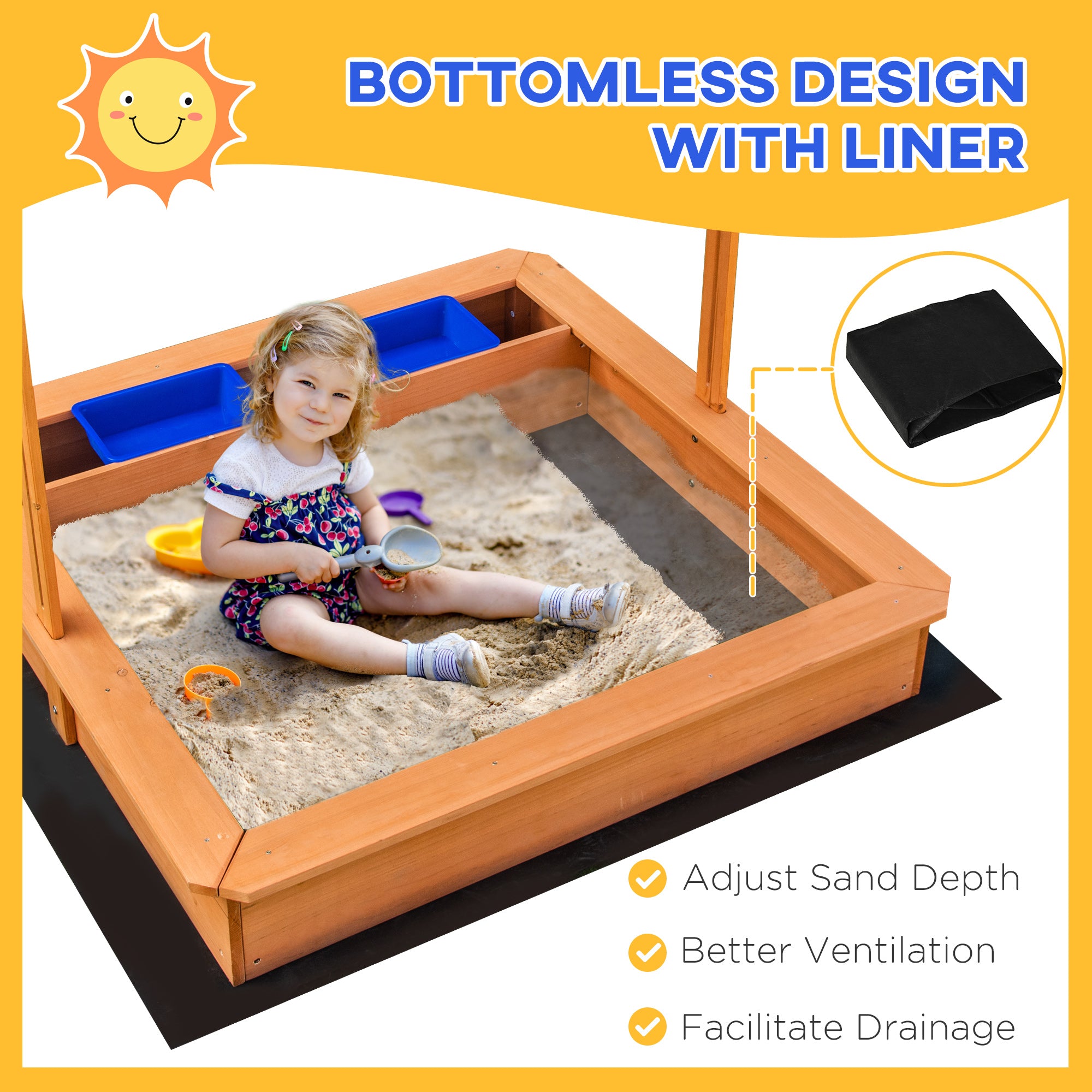 Kids Wooden Sandbox, Children Play Sand Station Outdoor with Adjustable Height Cover Lid, Bottom Liner, Seat, Plastic Basins, for 3-7 Years Old Boys and Girls