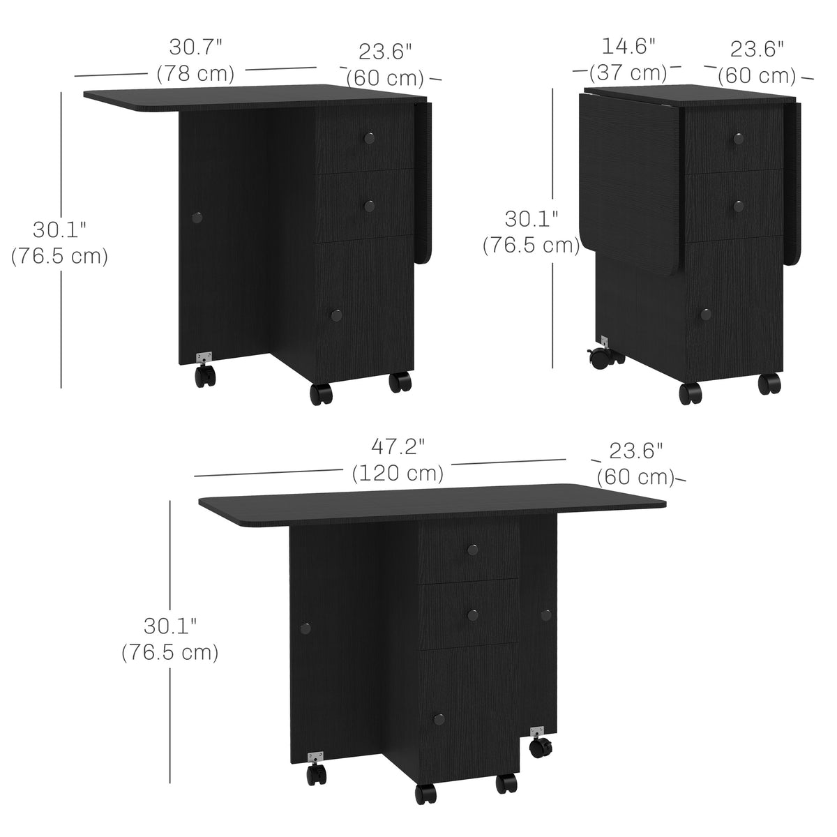 Drop Leaf Dining Table, Mobile Folding Table on Wheels with Drawers and Cabinet for Dining Room, Kitchen, Brown