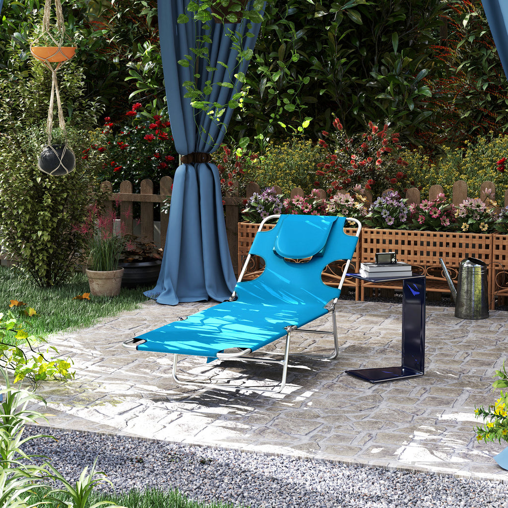 Folding Outdoor Lounge Chair, 5-Level Tanning Chair with Face Hole, Side Pocket, Carry Strap for Beach Pool, Grey