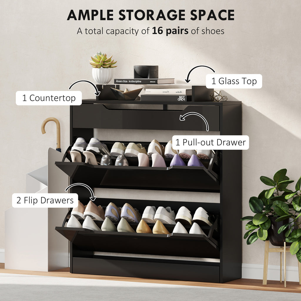 High Gloss Shoe Cabinet with 2 Flip Drawers and Adjustable Shelves, Narrow Shoe Storage Cabinet with Glass Top, White