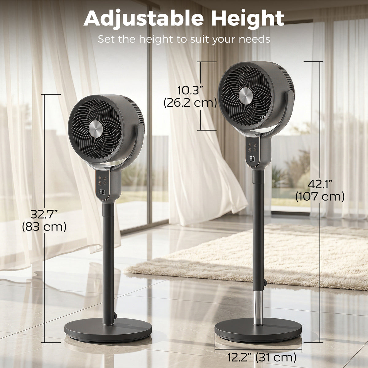 20dB Standing Fan for Bedroom, 70°+90° Auto Oscillating Fan with 8 Speeds, Remote Control, 12H Timer, Adjustable Height