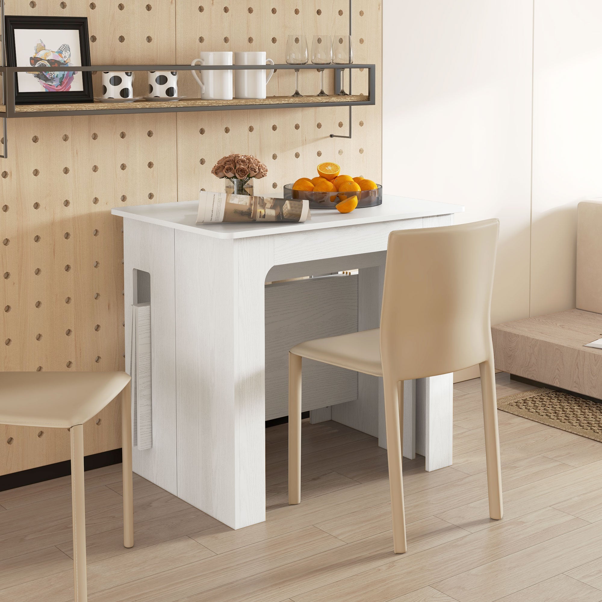 23.6"-70.9" Extendable Dining Table for 6-8 People, Space-Saving Rectangular Kitchen Table for Small Spaces, Dining Room, Kitchen, Living Room, White