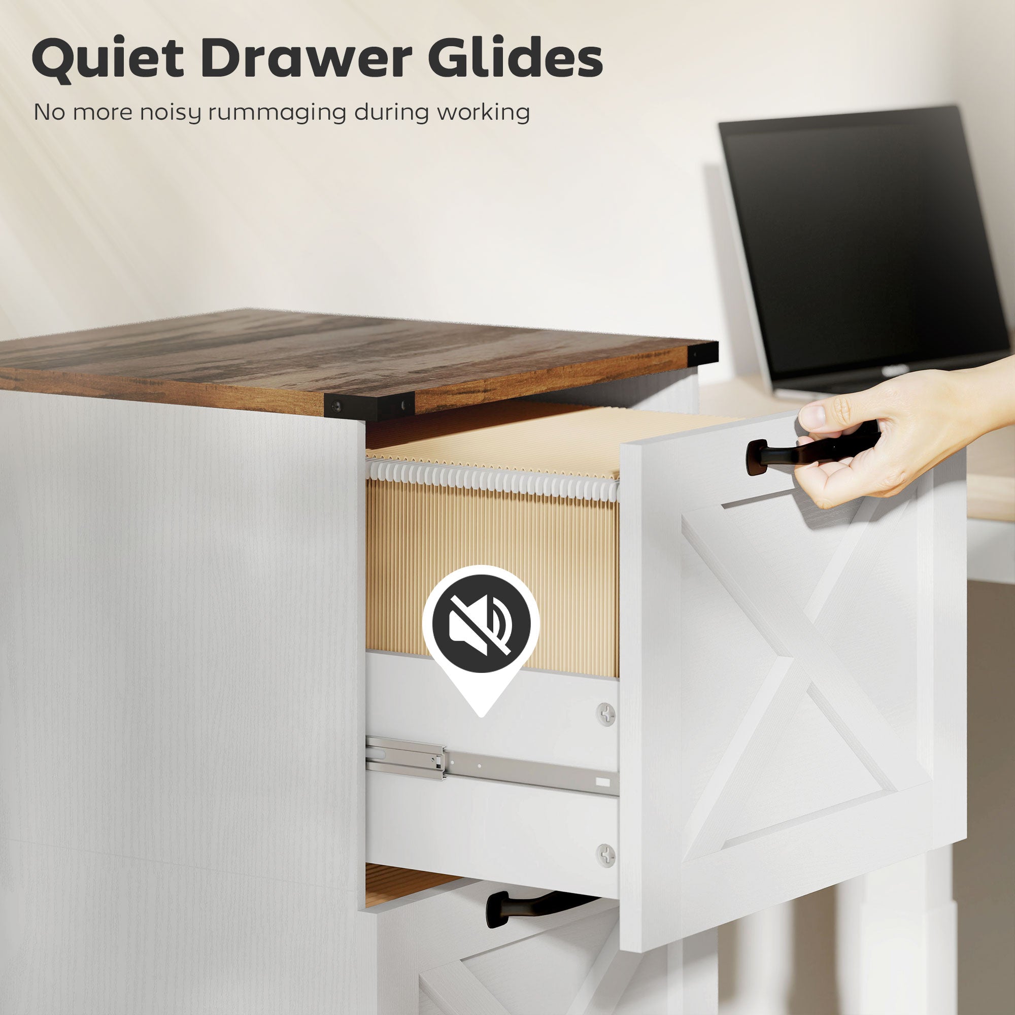 3 Drawer File Cabinet with Silent Slides, Vertical Farmhouse Filing Cabinet Fits Letter/A4 Size Home Office, White