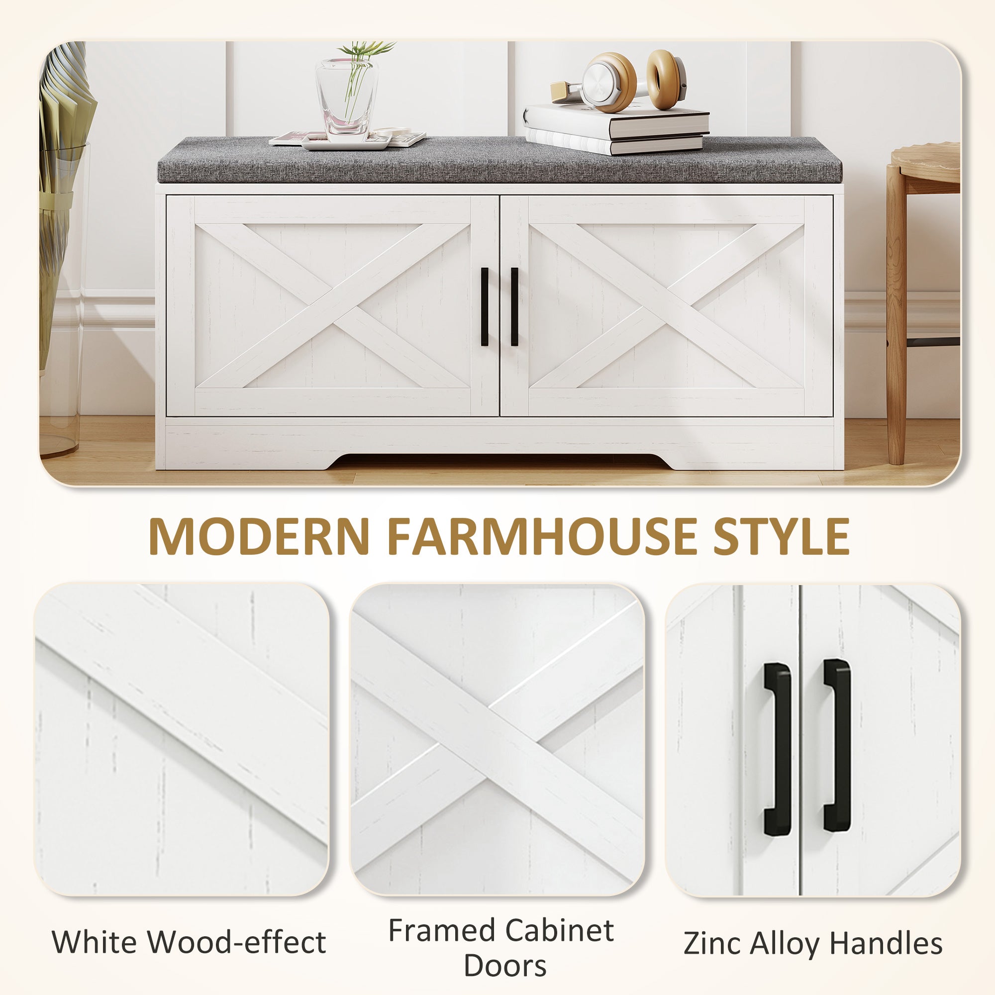 Shoe Bench with Cushion Shoe Storage Bench with Doors Adjustable Shelves for Entryway, White