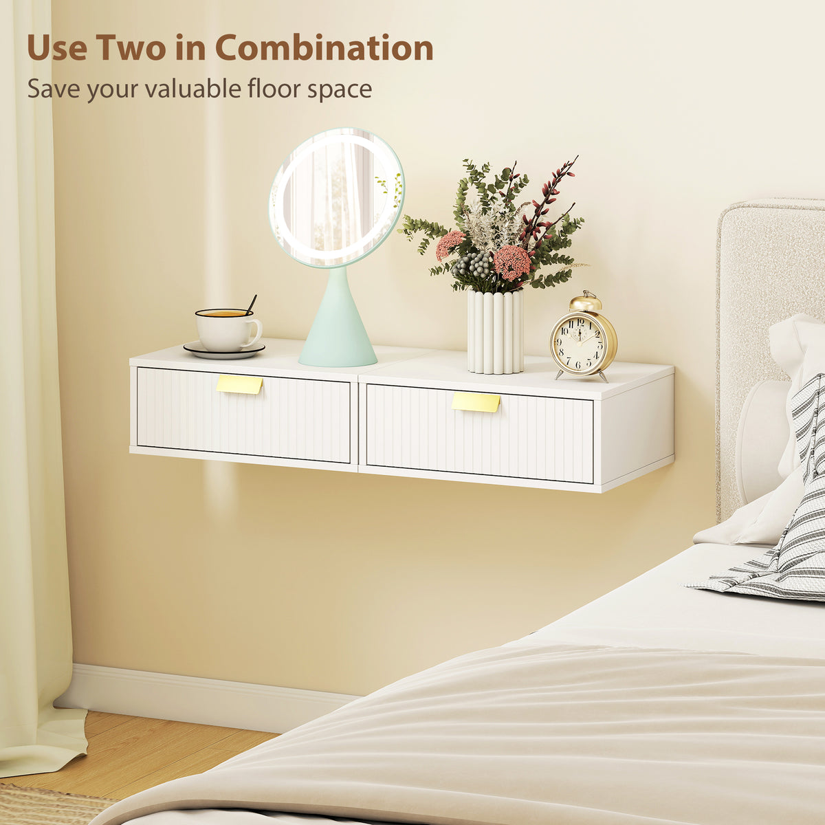 Modern Floating Nightstands Set of 2, Wall Mounted Bedside Tables with Wave Drawer White