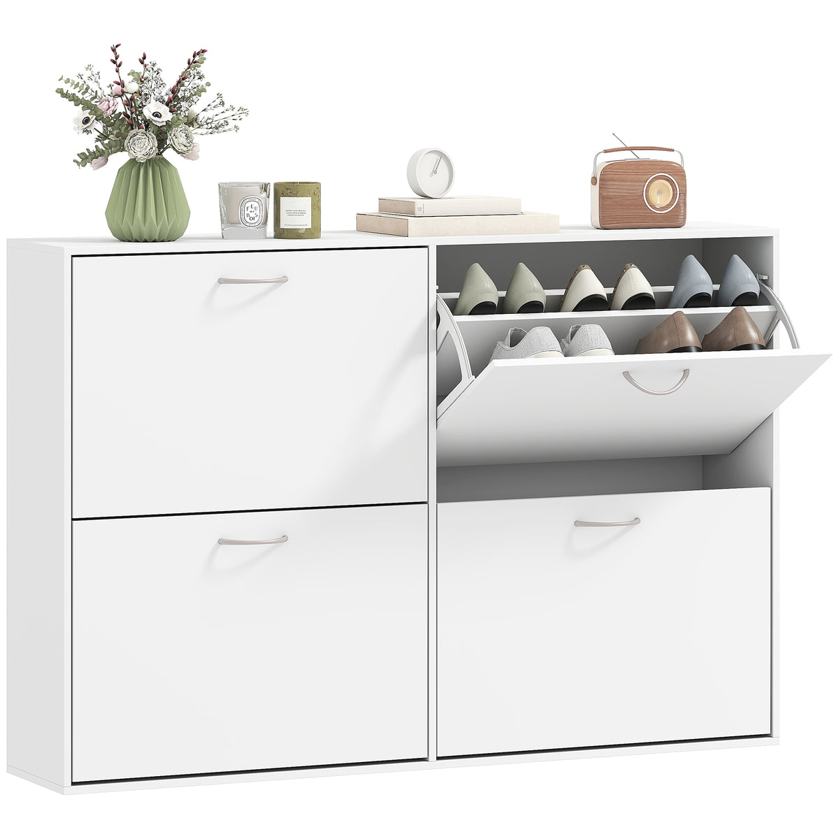 Flip Down Shoe Rack, Multi Cabinet, Wooden Shoe Shelf, Entryway, 4 Drawer Organizer, Freestanding Unit, White