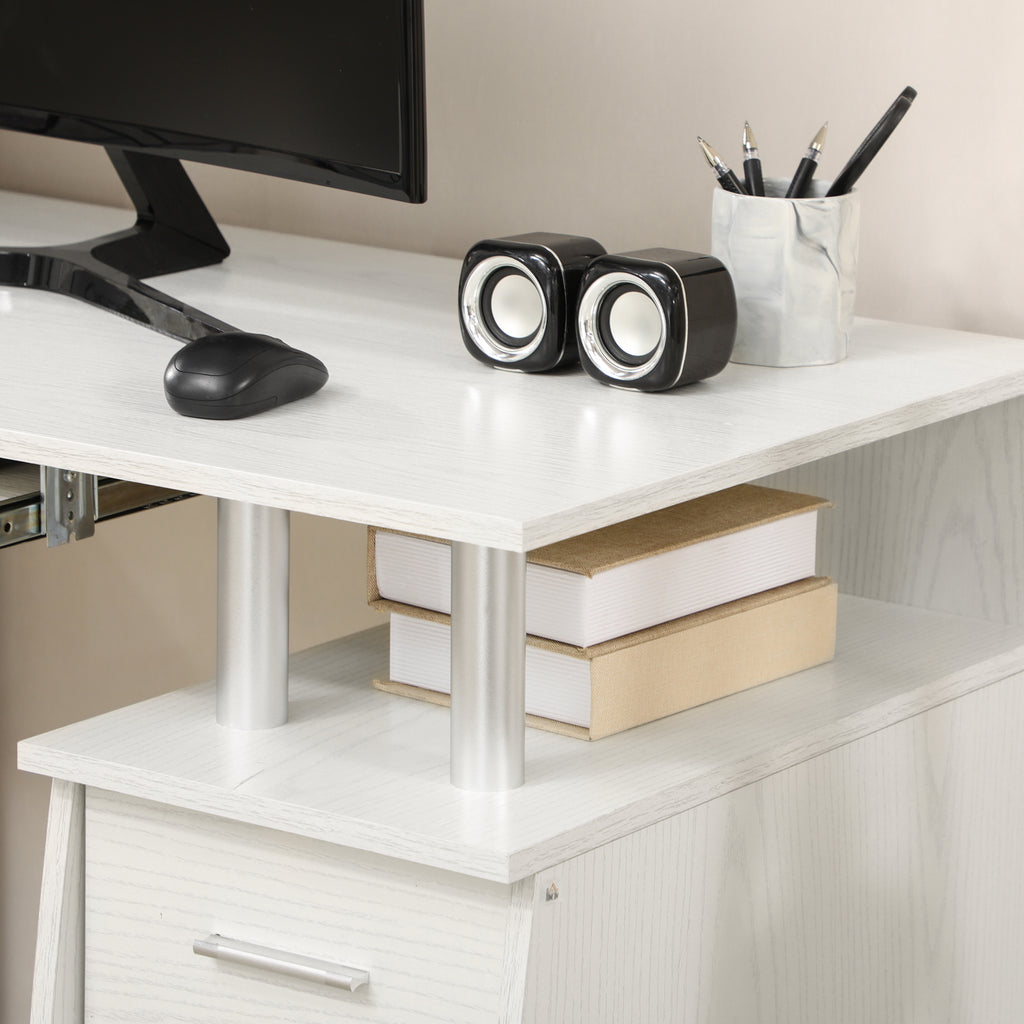 47" Computer Desk with Keyboard Tray and Storage Drawers, Home Office Workstation Table with Storage Shelves, White