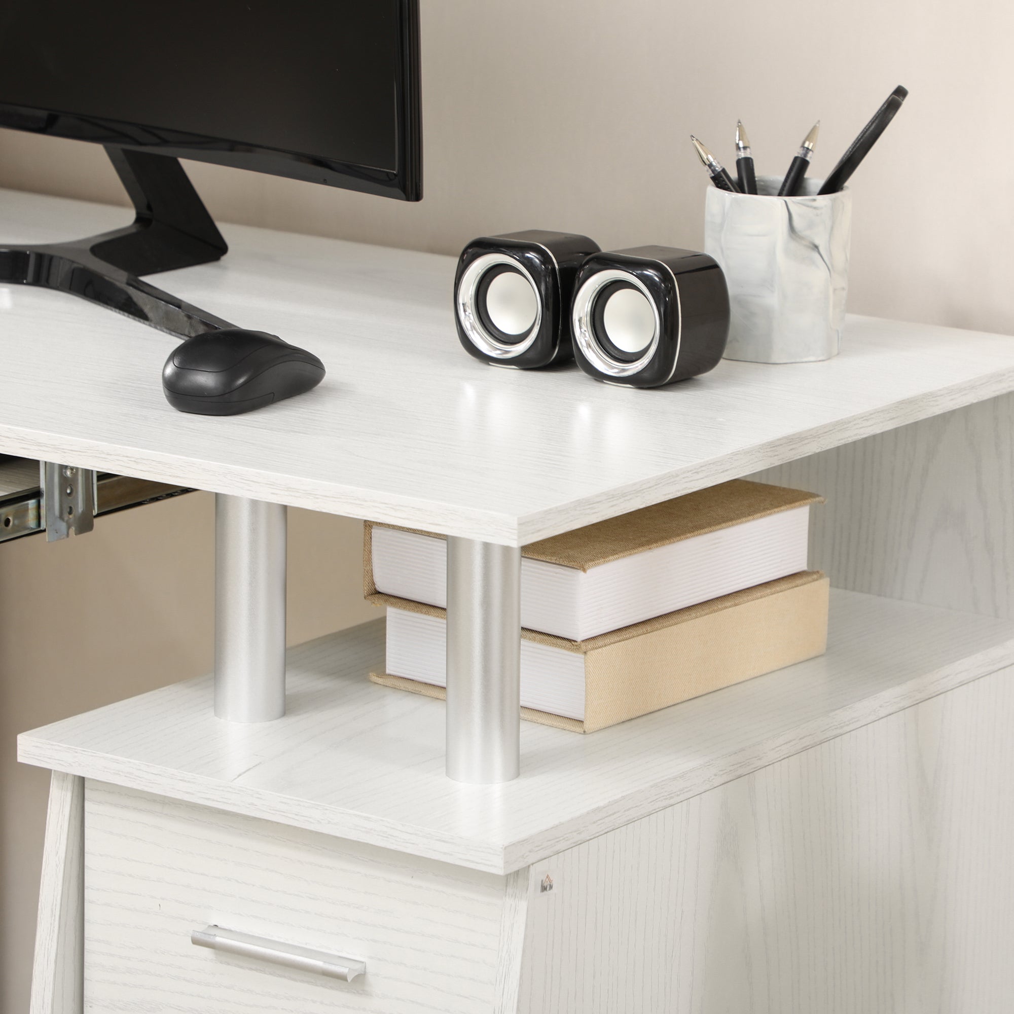 47" Computer Desk with Keyboard Tray and Storage Drawers, Home Office Workstation Table with Storage Shelves, White