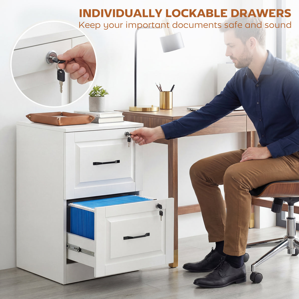 3 Drawer File Cabinet with Lock, Vertical Filing Cabinet with Adjustable Hanging Bars for A4 and Letter Size, Black