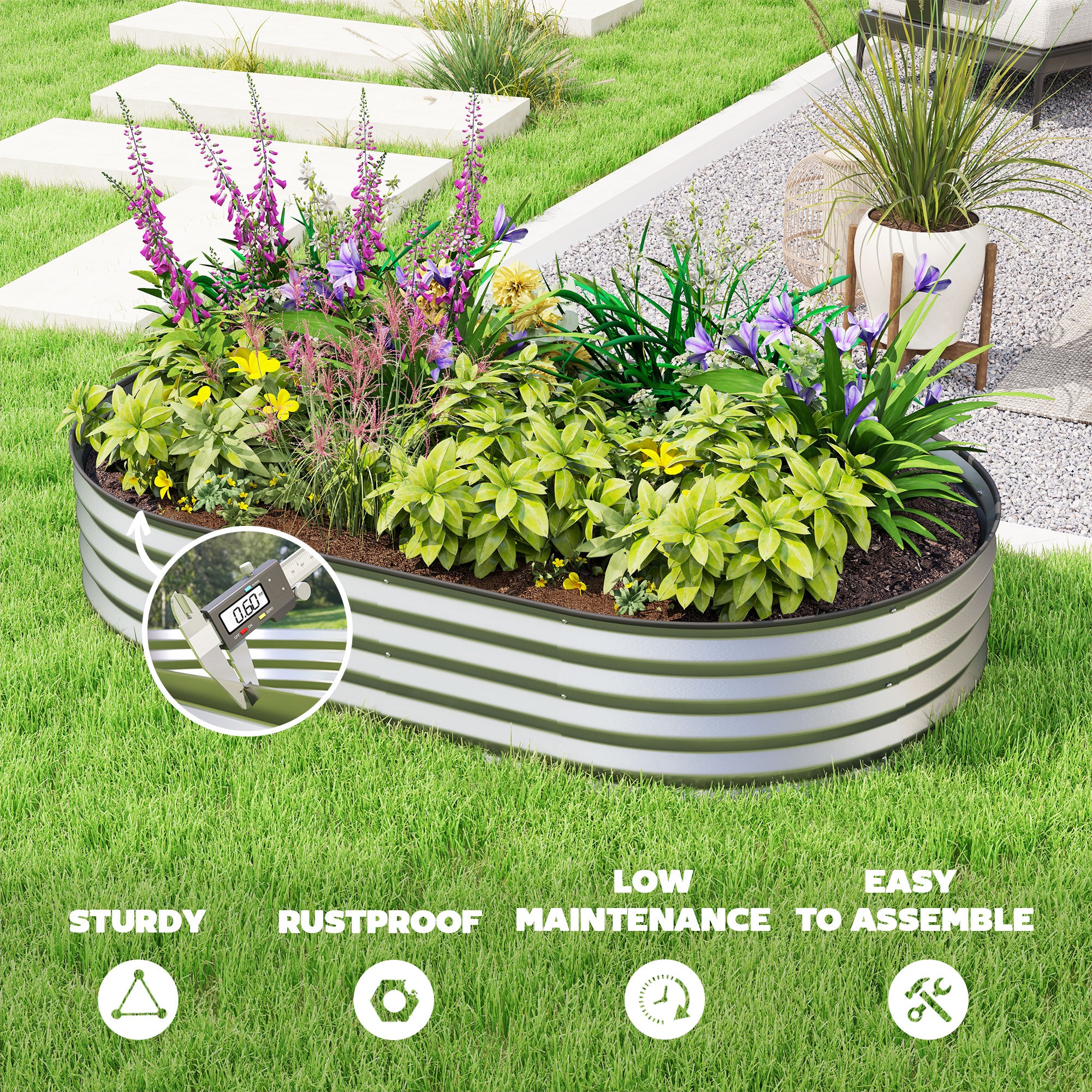 6' x 3' x 1' Large Outdoor Planter Box, Galvanized Raised Garden Bed with Metal Plant Stake, Silver