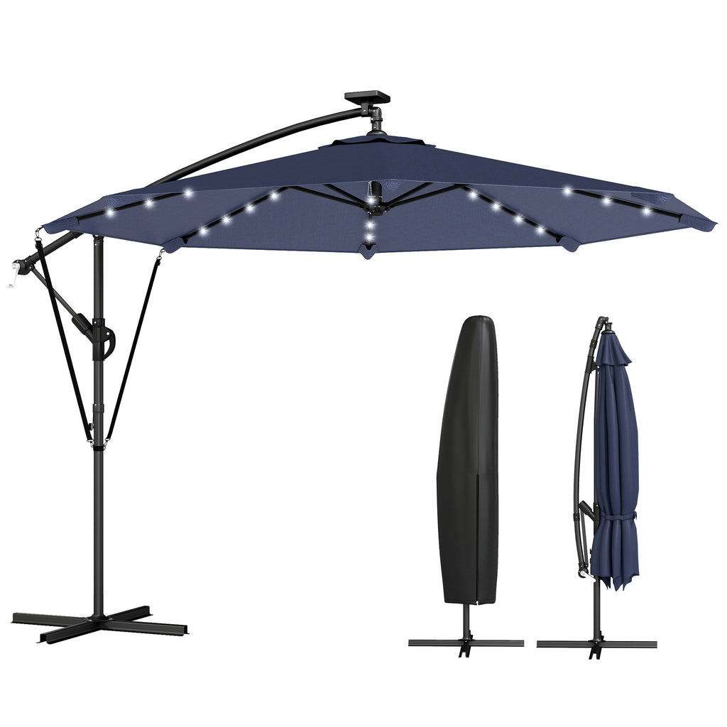 9.7ft Solar LED Cantilever Patio Umbrella with 32 LED Lights, Cross Base, Crank Handle, for Poolside, Deck, Dark Grey