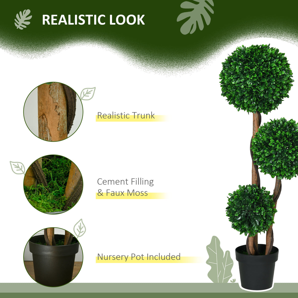 3ft Artificial Tree, Triple Ball Boxwood Topiary with Pot and Sandalwood Leaves, for Indoor Outdoor Home