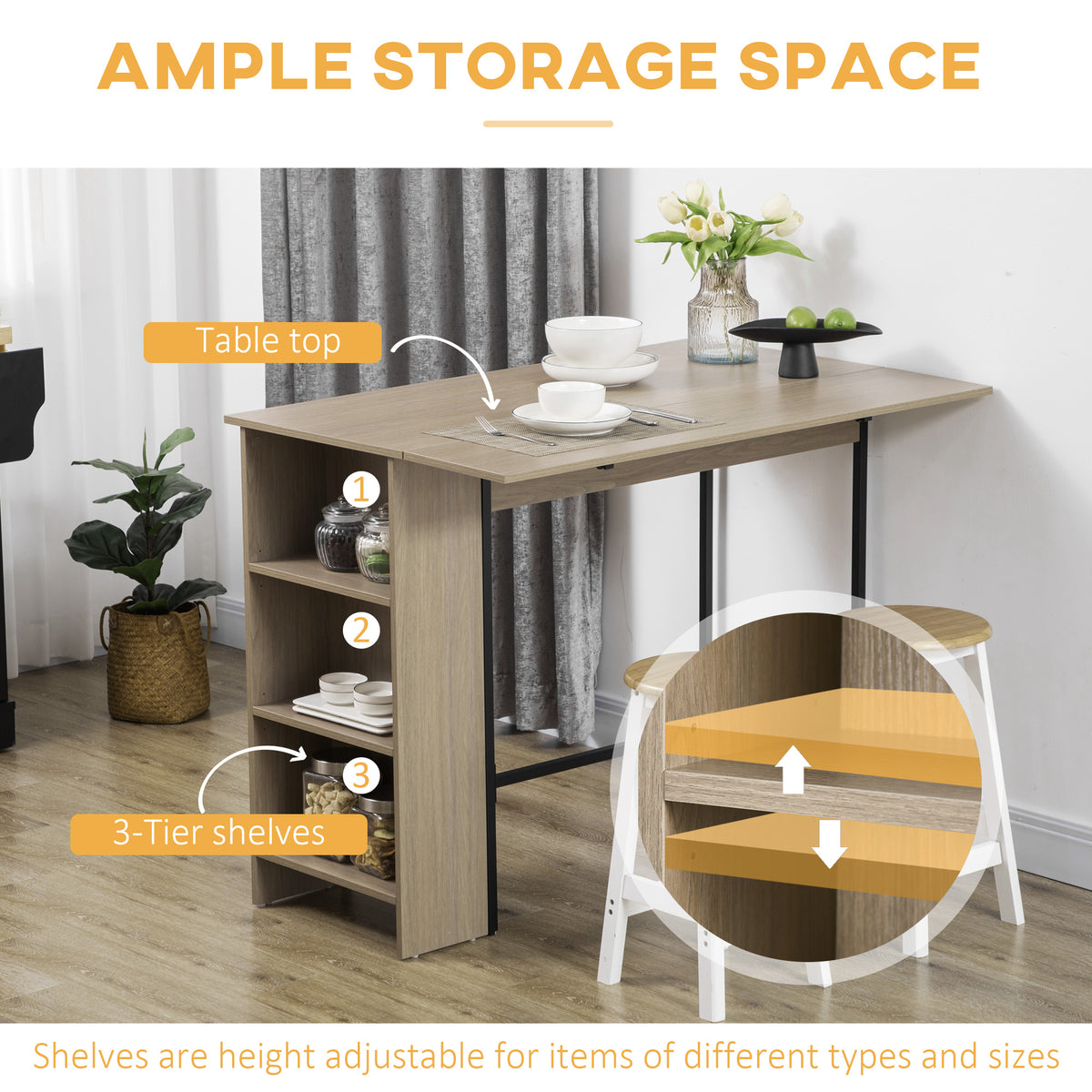 Counter Height Table with Drop Leaf, Extendable Bar Table with Adjustable Storage Shelf, Light Grey