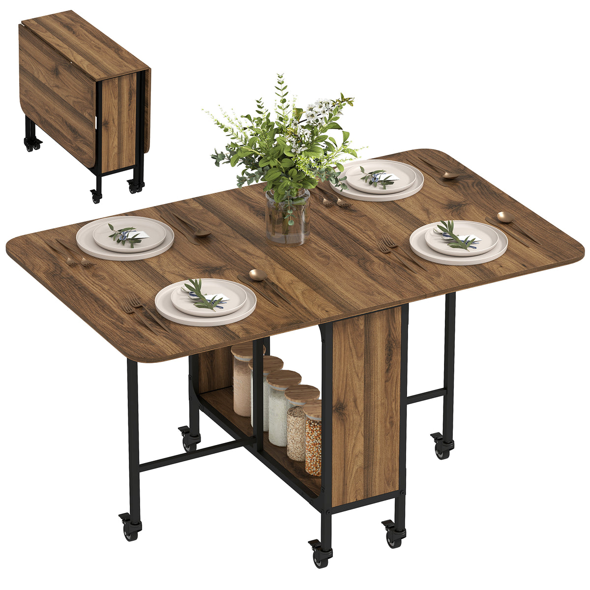 Folding Dining Table, Extendable Kitchen Table for Small Spaces with Storage Shelf and 6 Wheels, Brown Wood Grain