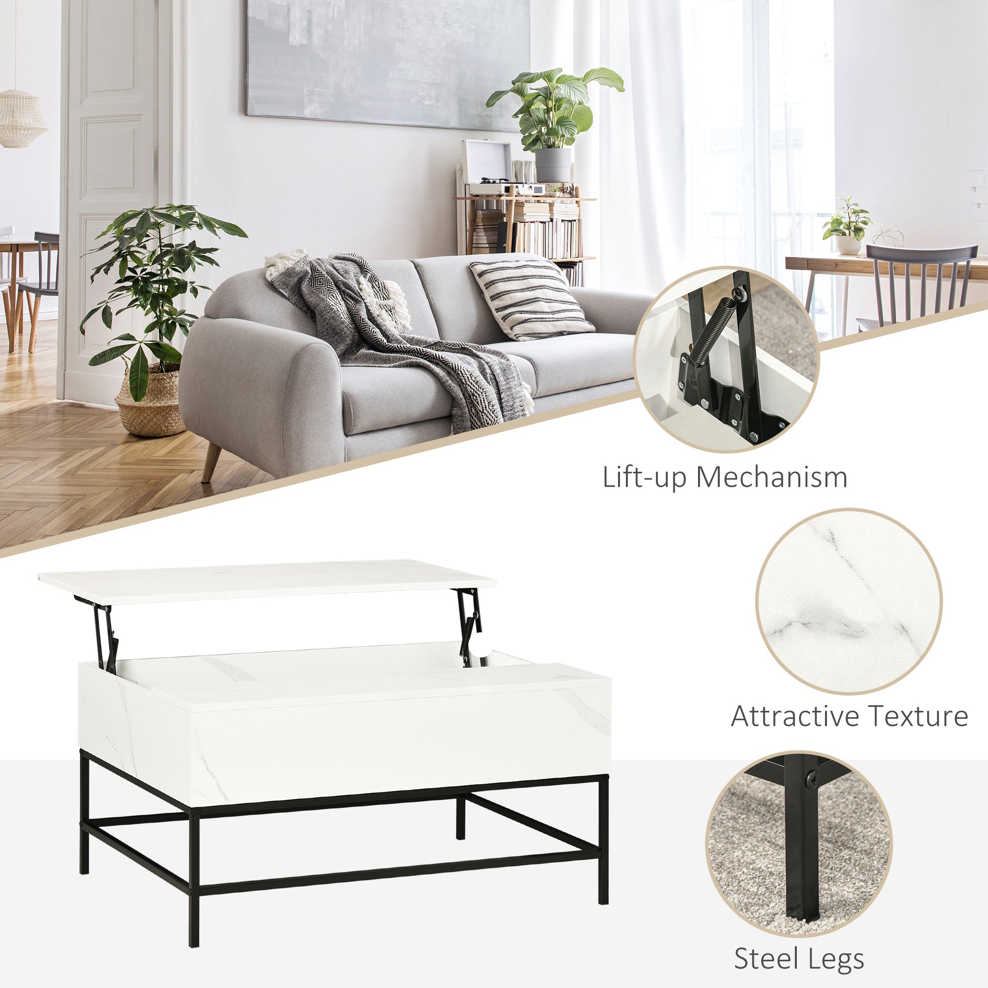 Lift Top Coffee Table with Hidden Storage Compartment Lift Tabletop Center Table for Living Room, Grey